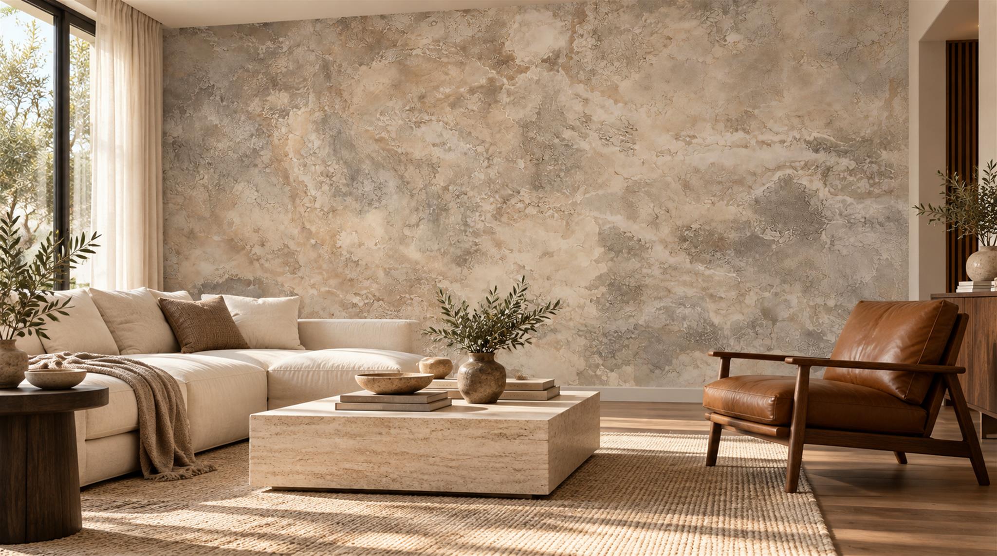 Warm Beige Natural Stone Texture Wallpaper Mural — Wallpaper Mural Design, Peel-and-stick Finish