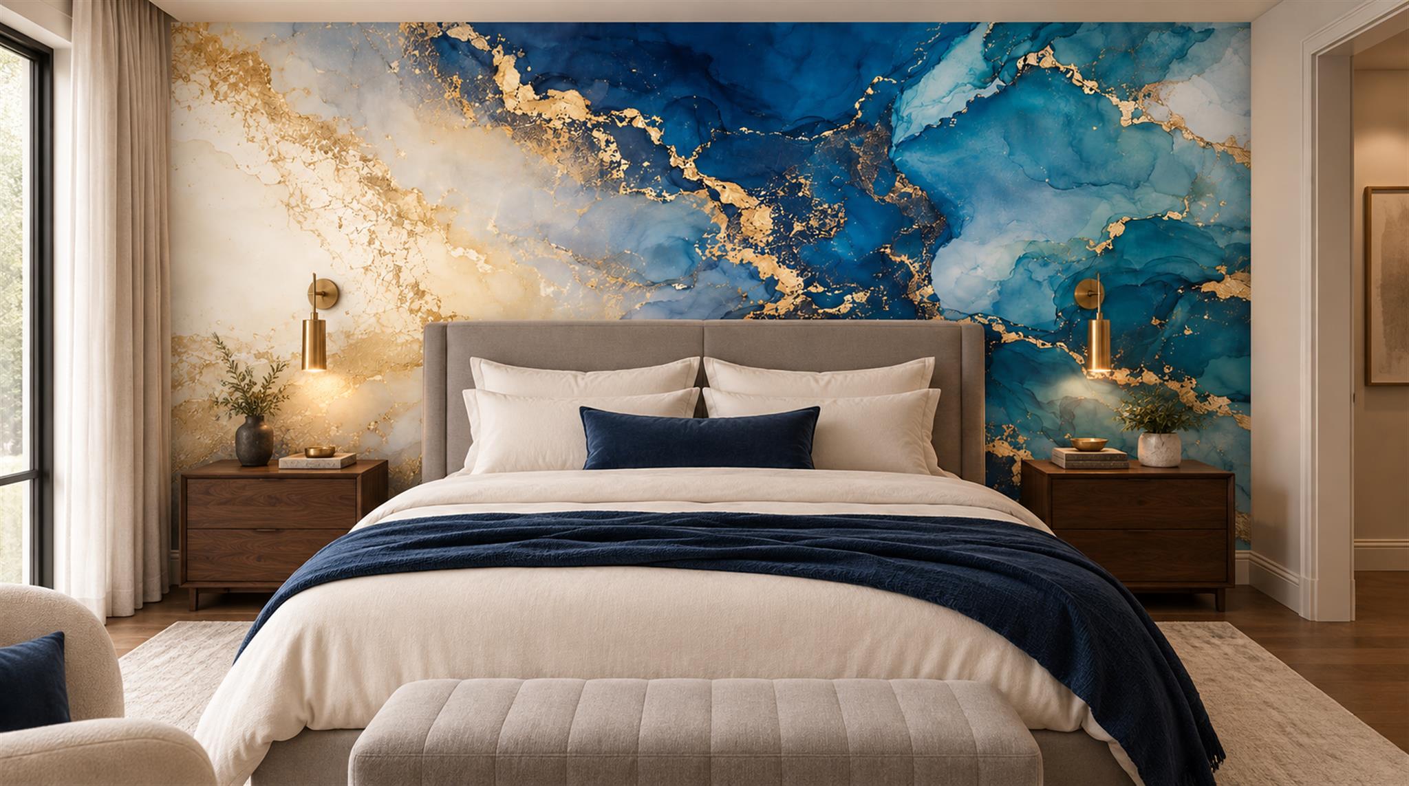Blue And Neutral Marble Veining Wallpaper Mural Bedroom-wallpaper-murals, Peel-and-stick Finish