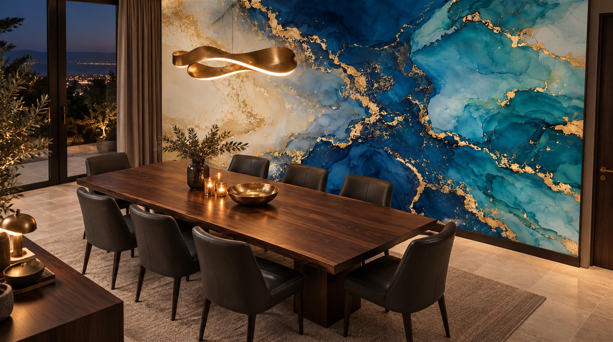 Blue And Neutral Marble Veining Wallpaper Mural Dining-room-wallpaper-murals, Shown In A Dining Room, Peel-and-stick Finish