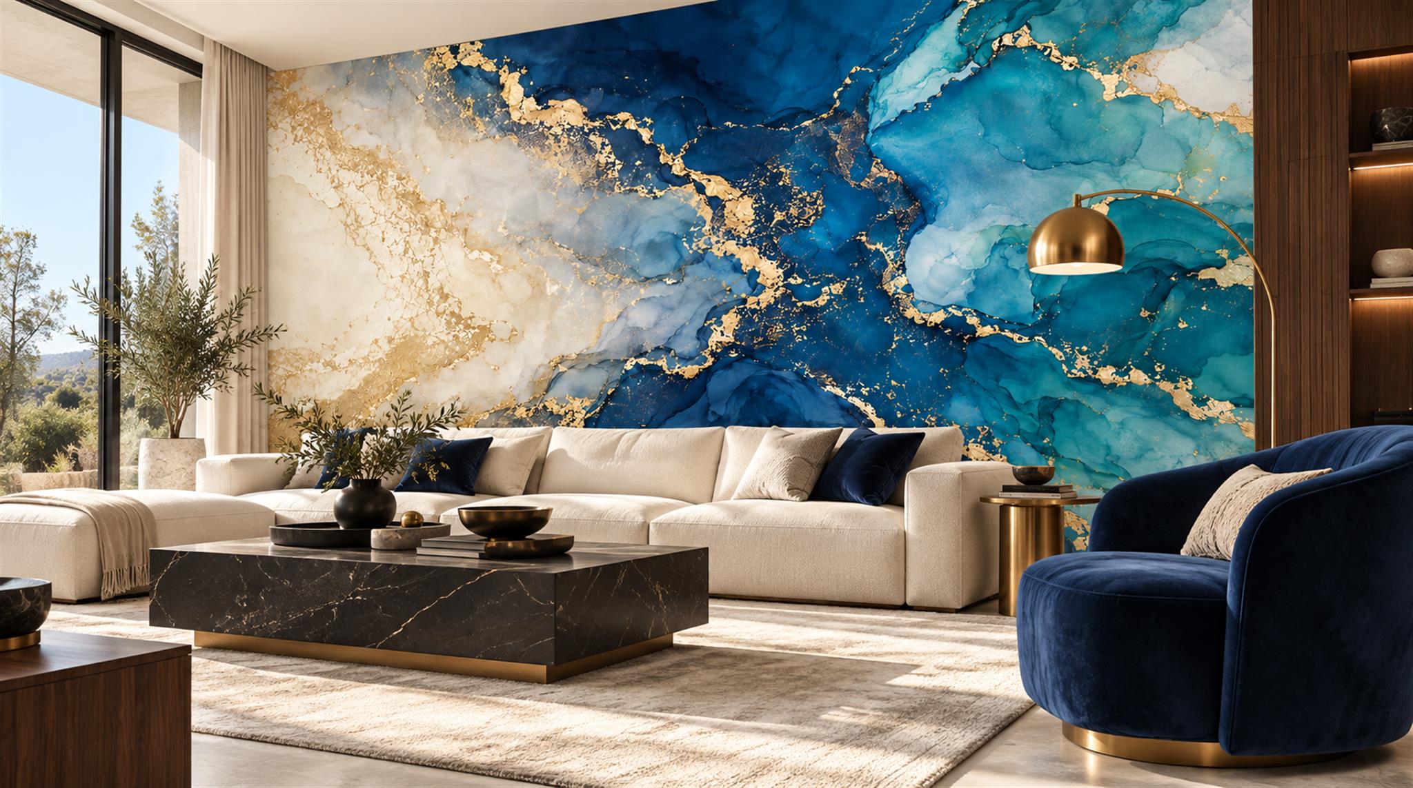 Blue And Neutral Marble Veining Wallpaper Mural Living-room-wallpaper-murals, Shown In A Living Room, Peel-and-stick Finish