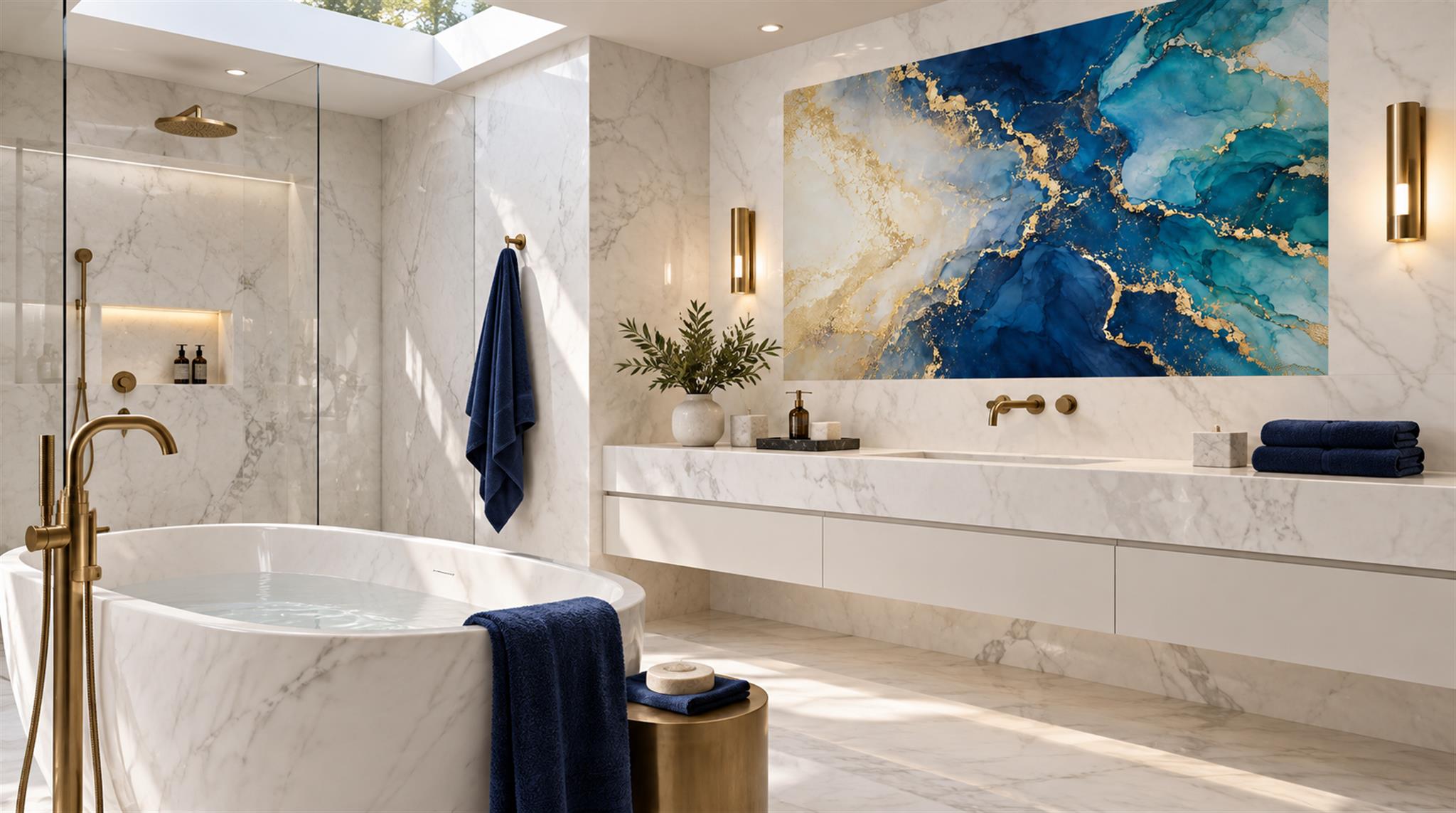 Blue And Neutral Marble Veining Wallpaper Mural Bathroom-wallpaper-murals, Peel-and-stick Finish
