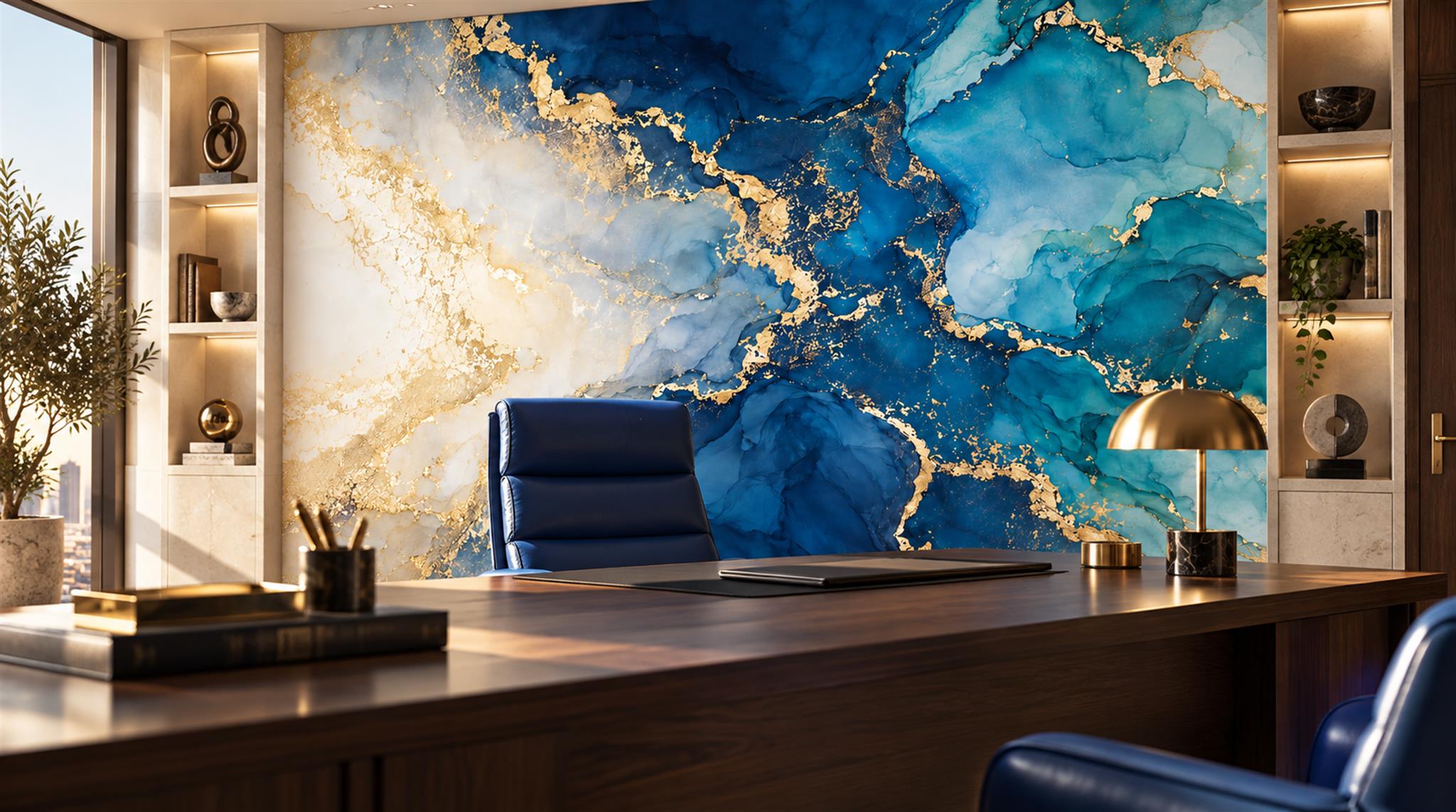 Blue And Neutral Marble Veining Wallpaper Mural Office-wallpaper-murals, Shown In A Home Office, Peel-and-stick Finish