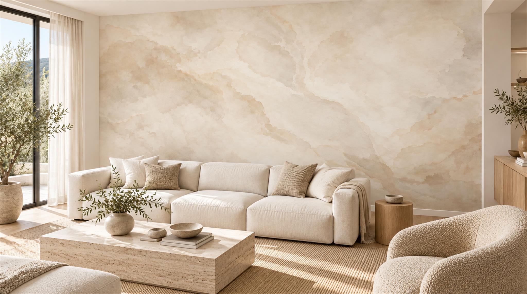 Ivory And Neutral Marble Veining Decorative Wallpaper Mural Living-room-wallpaper-murals, Peel-and-stick Finish
