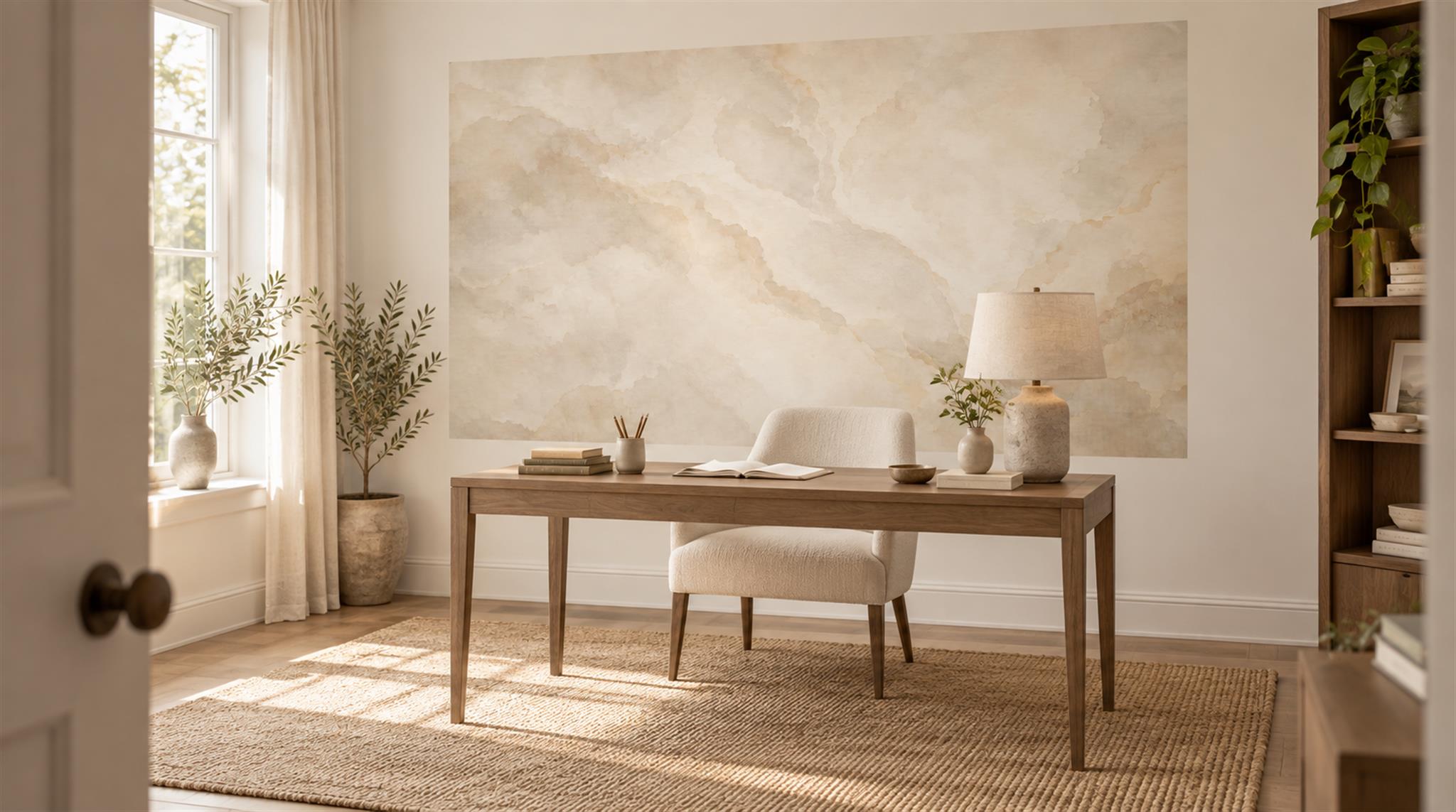 Ivory And Neutral Marble Veining Decorative Wallpaper Mural Home-office-wallpaper-murals, Shown In A Home Office, Peel-and-stick Finish