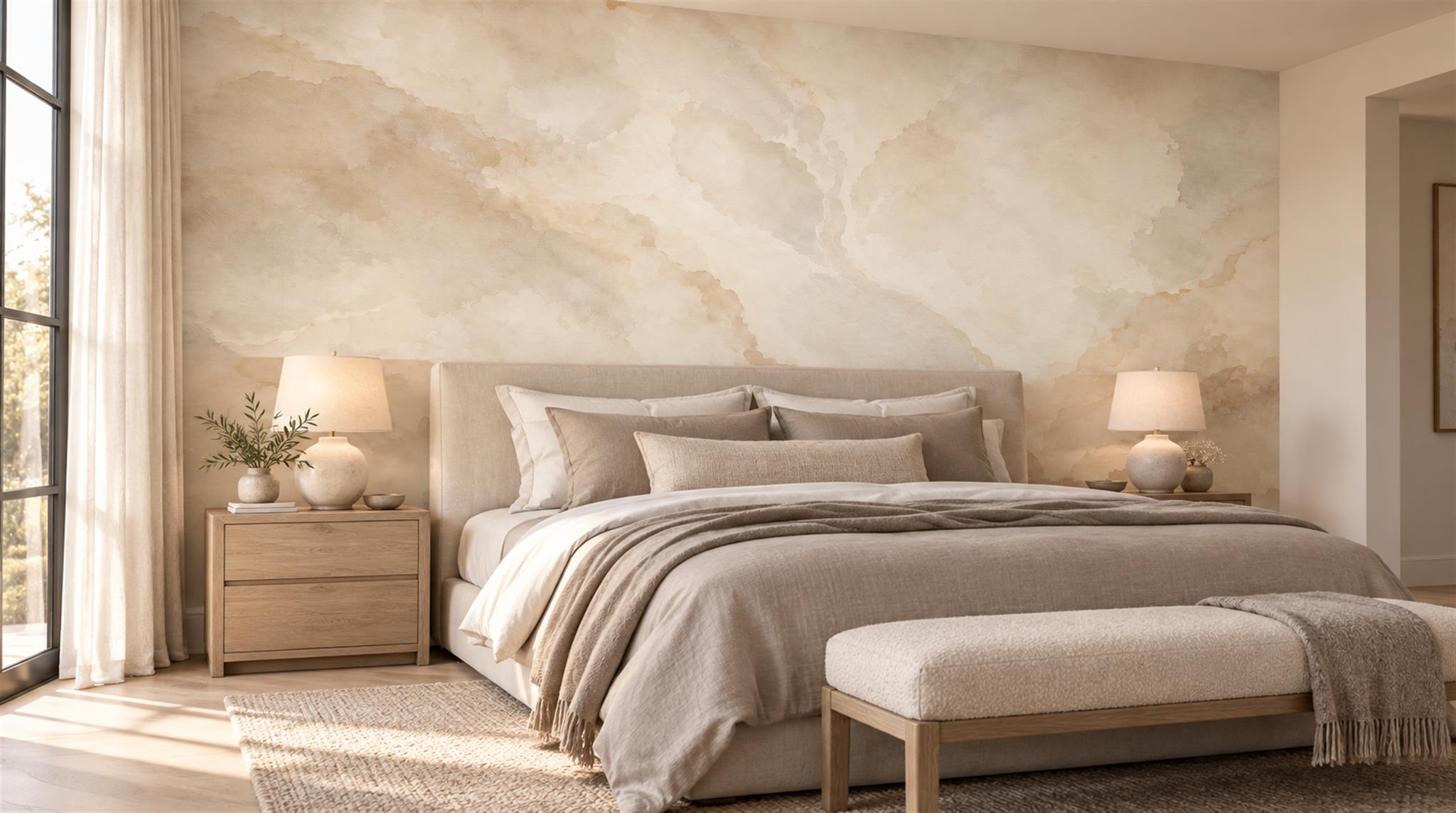 Ivory And Neutral Marble Veining Decorative Wallpaper Mural Bedroom-wallpaper-murals, Peel-and-stick Finish