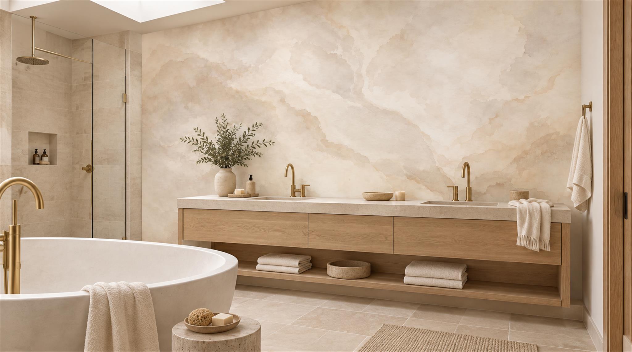 Ivory And Neutral Marble Veining Decorative Wallpaper Mural Accent-wall-wallpaper-murals, Peel-and-stick Finish
