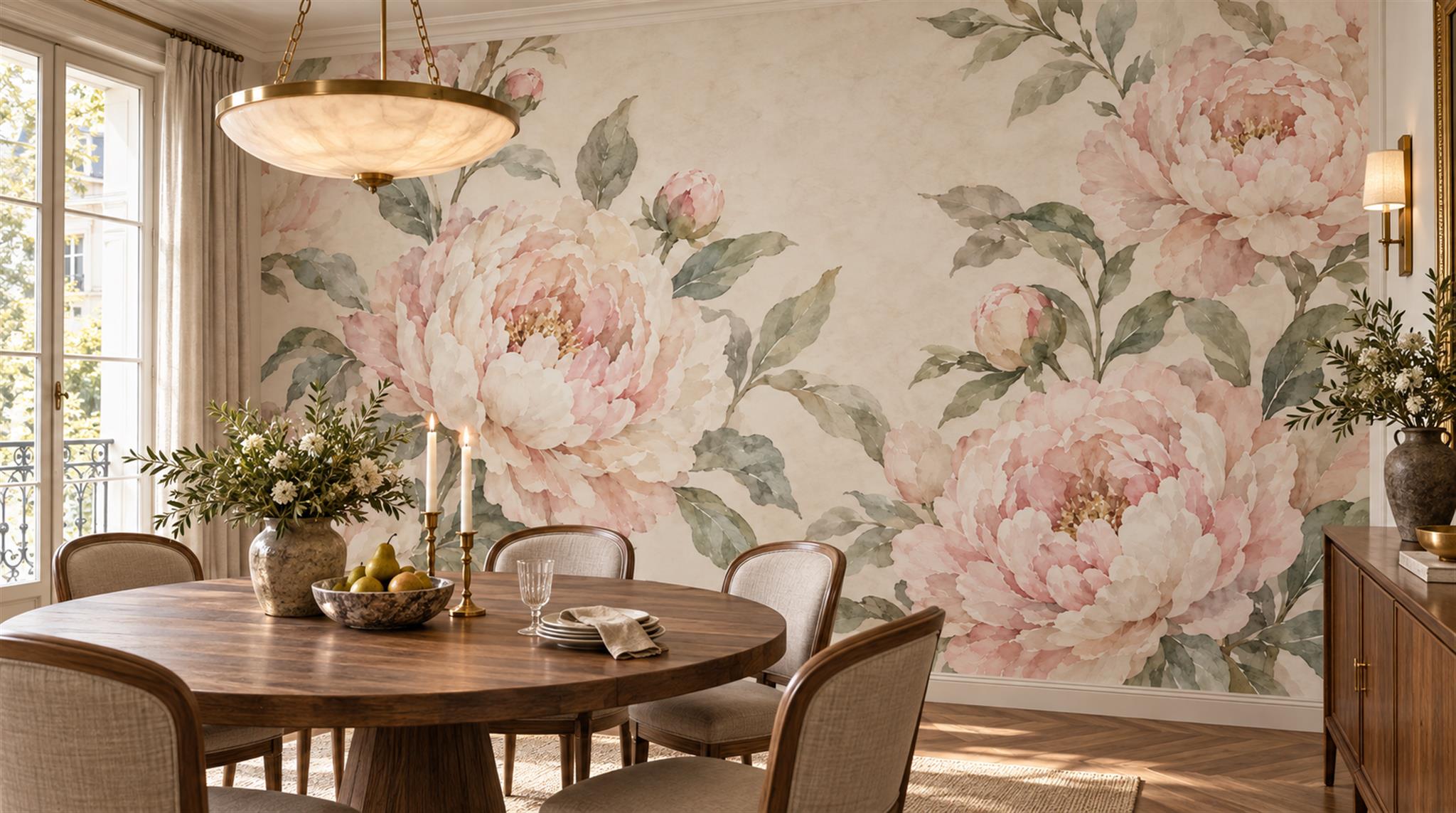 Pink And Neutral Abstract Forms Painterly Wallpaper Mural Dining-room-wallpaper-murals, Shown In A Dining Room, Peel-and-stick Finish