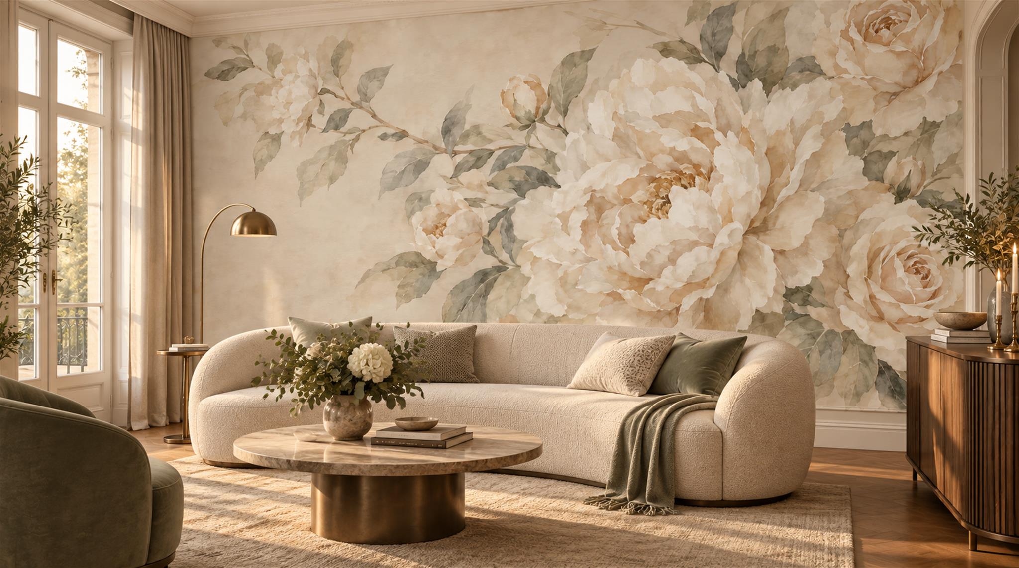 Ivory And Neutral Decorative Patterning Painterly Wallpaper Mural Living-room-wallpaper-murals, Peel-and-stick Finish