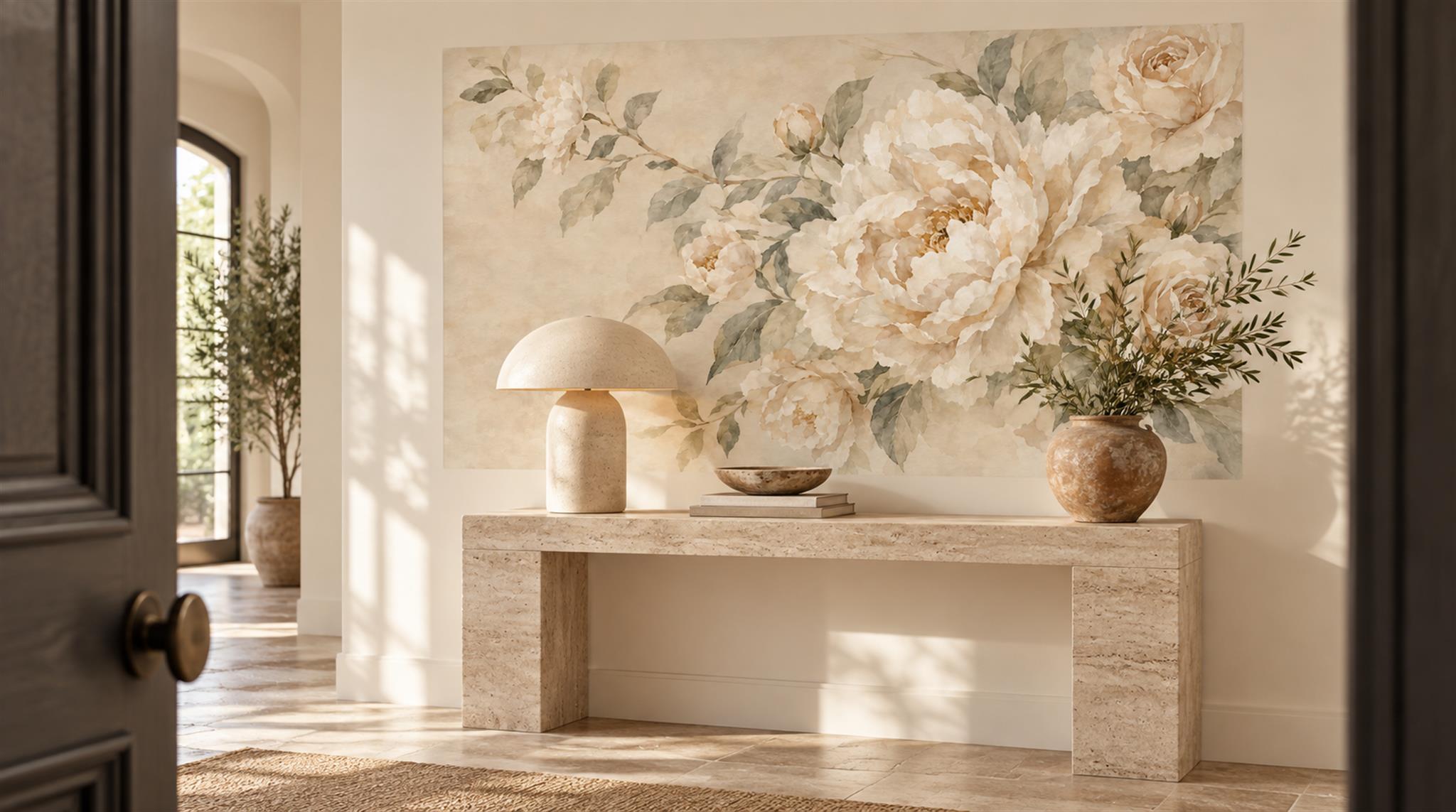 Ivory And Neutral Decorative Patterning Painterly Wallpaper Mural Entryway-wallpaper-murals, Peel-and-stick Finish