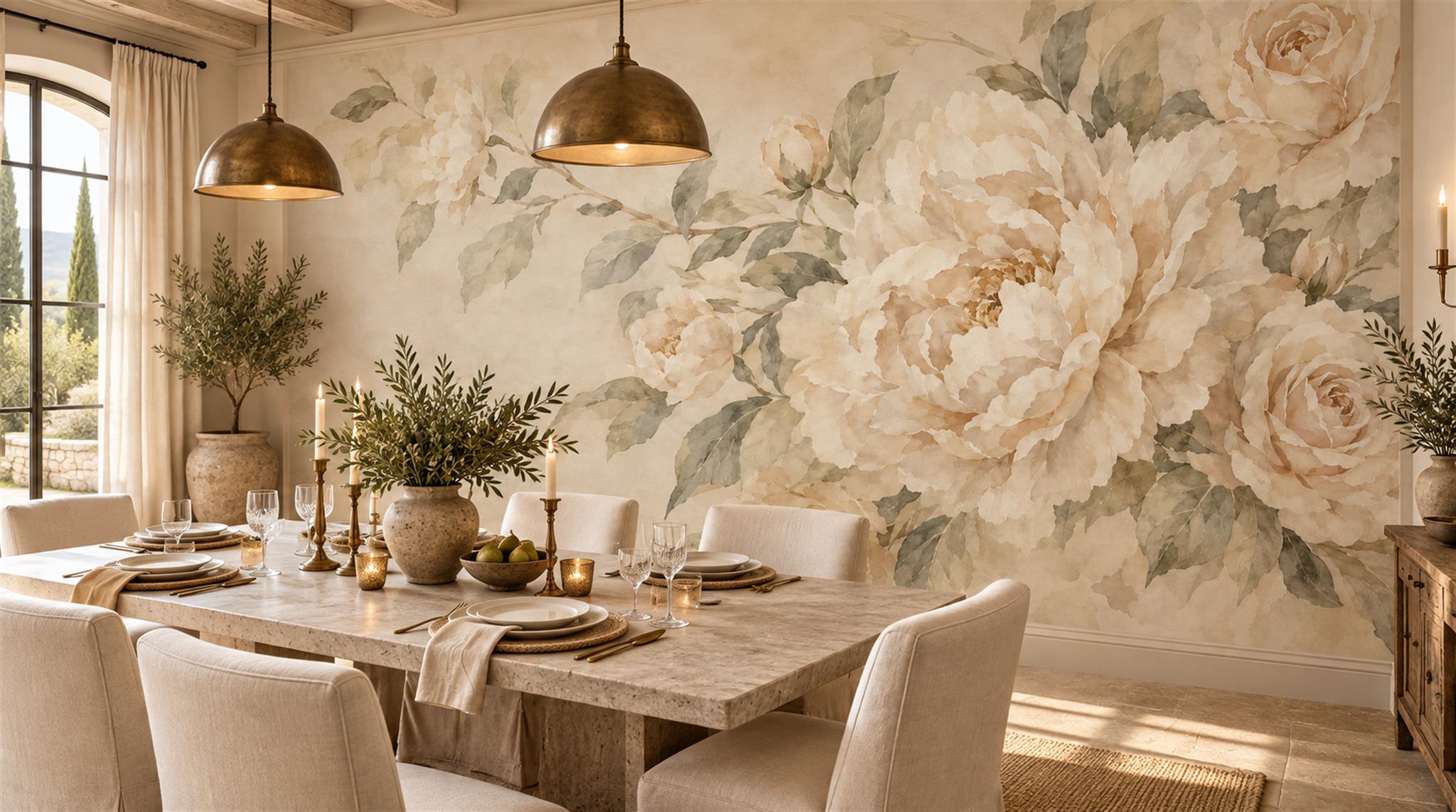 Ivory Watercolour Roses And Foliage Wallpaper Mural — Wallpaper Mural Design, Peel-and-stick Finish