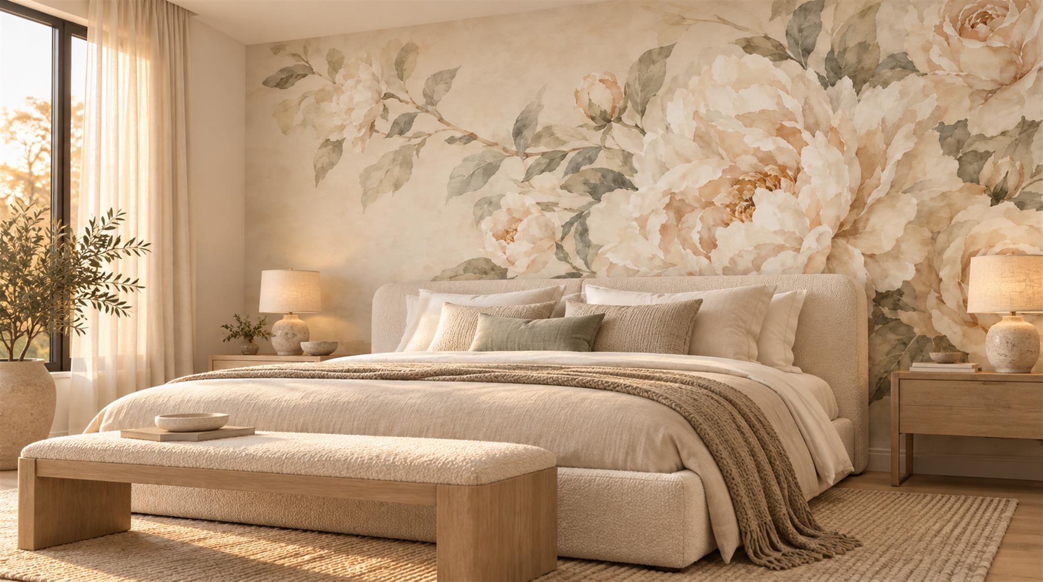 Ivory And Neutral Decorative Patterning Painterly Wallpaper Mural Dining-room-wallpaper-murals, Peel-and-stick Finish