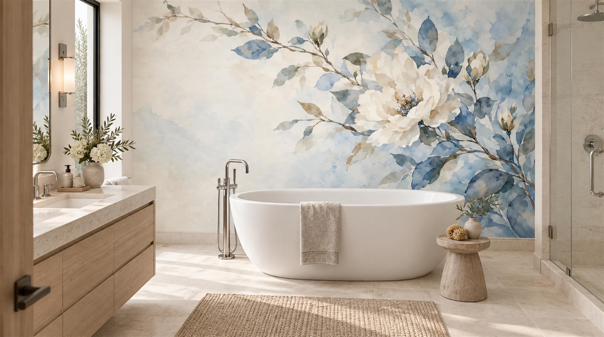 Blue And Neutral Abstract Forms Organic Wallpaper Mural Feature-wall-wallpaper-murals, Peel-and-stick Finish