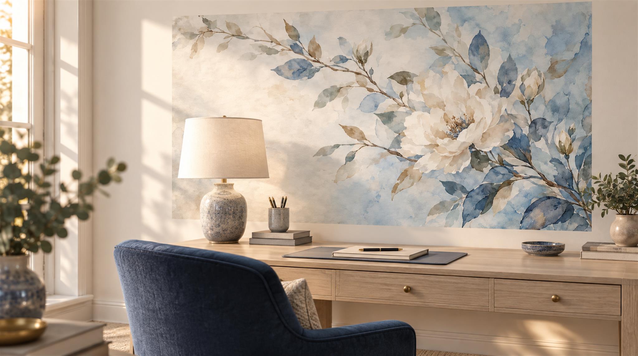 Blue And Neutral Abstract Forms Organic Wallpaper Mural Home-office-wallpaper-murals, Shown In A Home Office, Peel-and-stick Finish