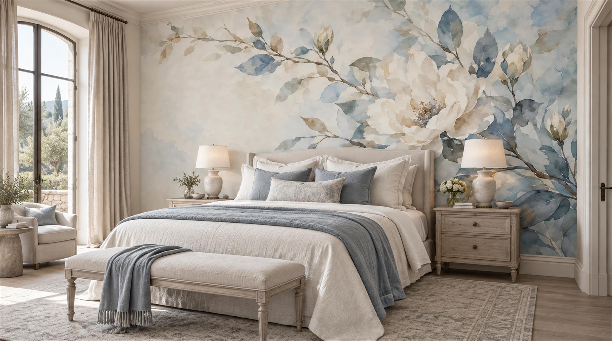 Blue And Neutral Abstract Forms Organic Wallpaper Mural Bedroom-wallpaper-murals, Peel-and-stick Finish