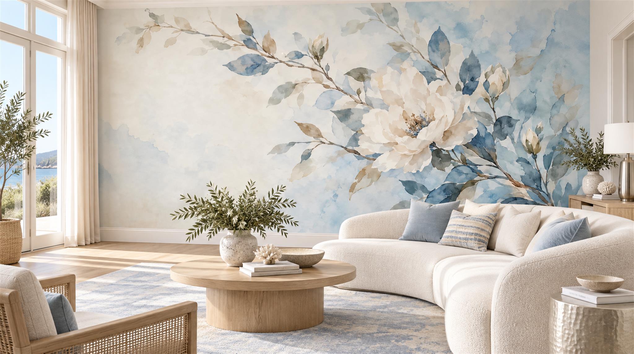 Blue And Neutral Abstract Forms Organic Wallpaper Mural Living-room-wallpaper-murals, Shown In A Living Room, Peel-and-stick Finish