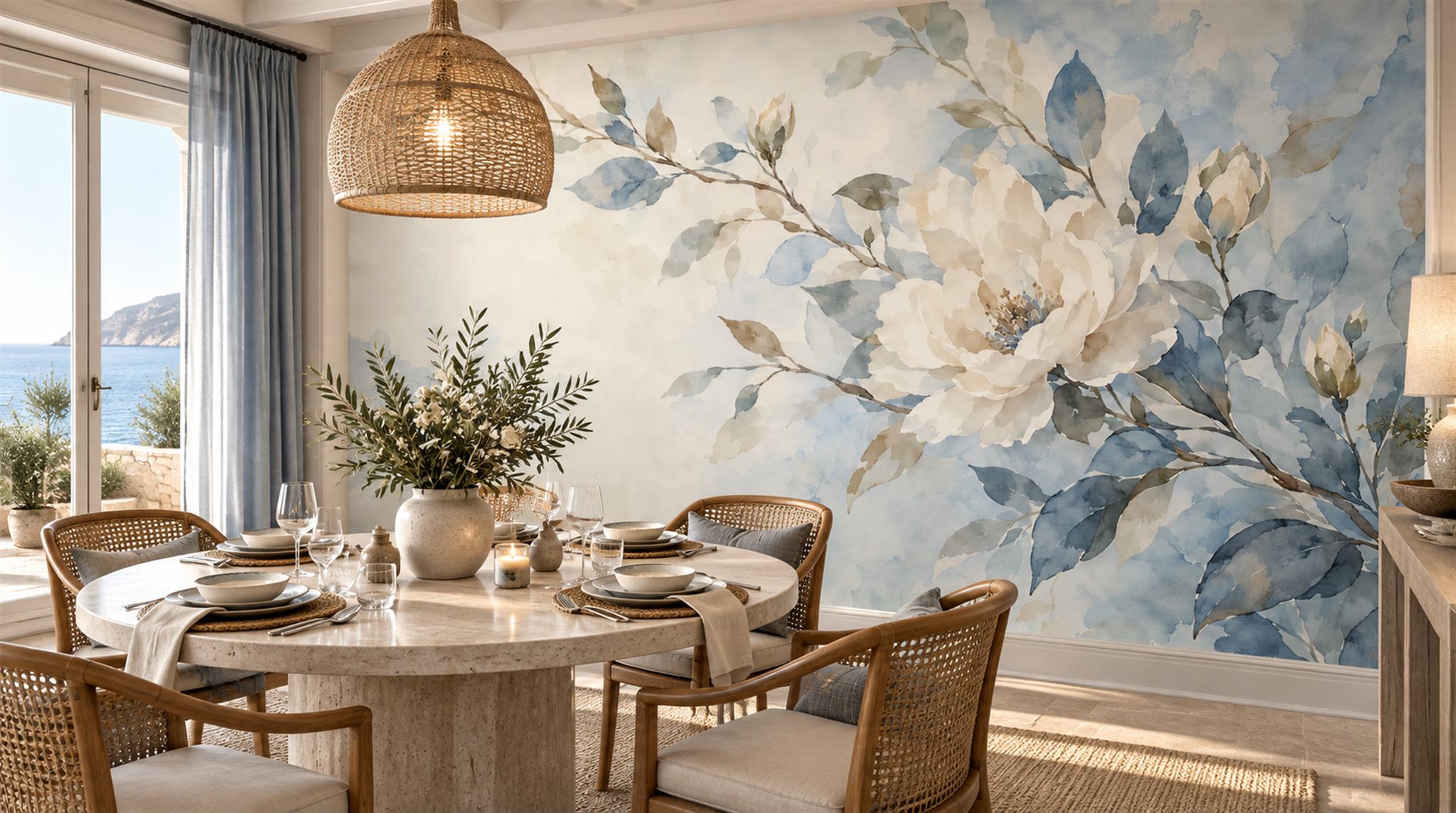 White Peony With Blue And Sage Leaves Wallpaper Mural — Wallpaper Mural Design, Peel-and-stick Finish