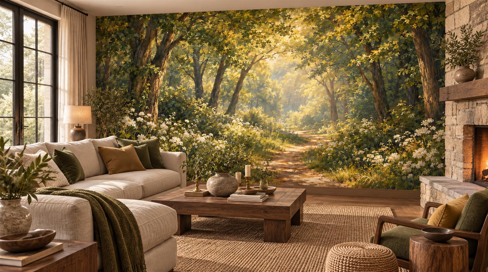 Gold And Neutral Woodland Trees Watercolour Wallpaper Mural Living-room-wallpaper-murals, Shown In A Living Room, Peel-and-stick Finish