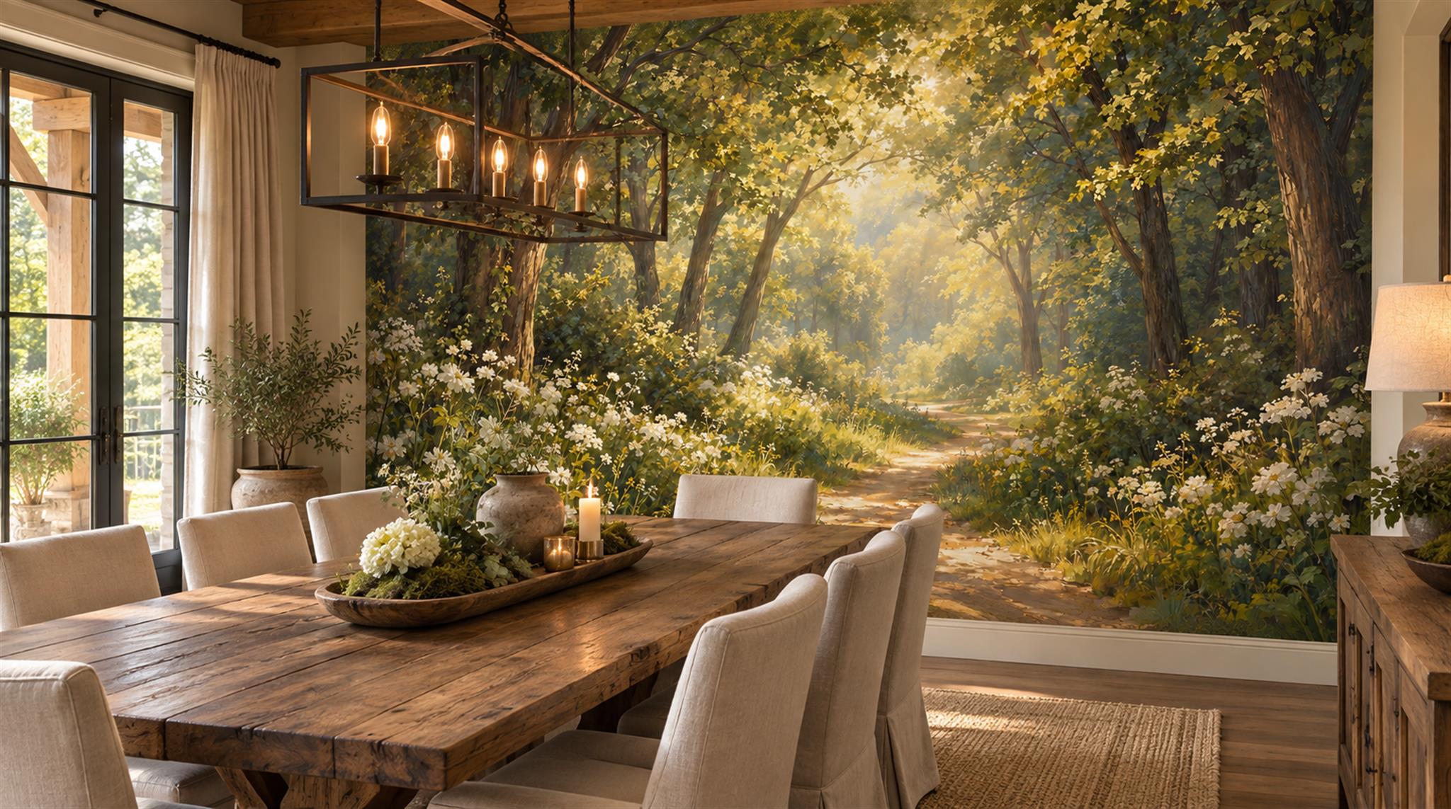 Gold And Neutral Woodland Trees Watercolour Wallpaper Mural Dining-room-wallpaper-murals, Shown In A Dining Room, Peel-and-stick Finish