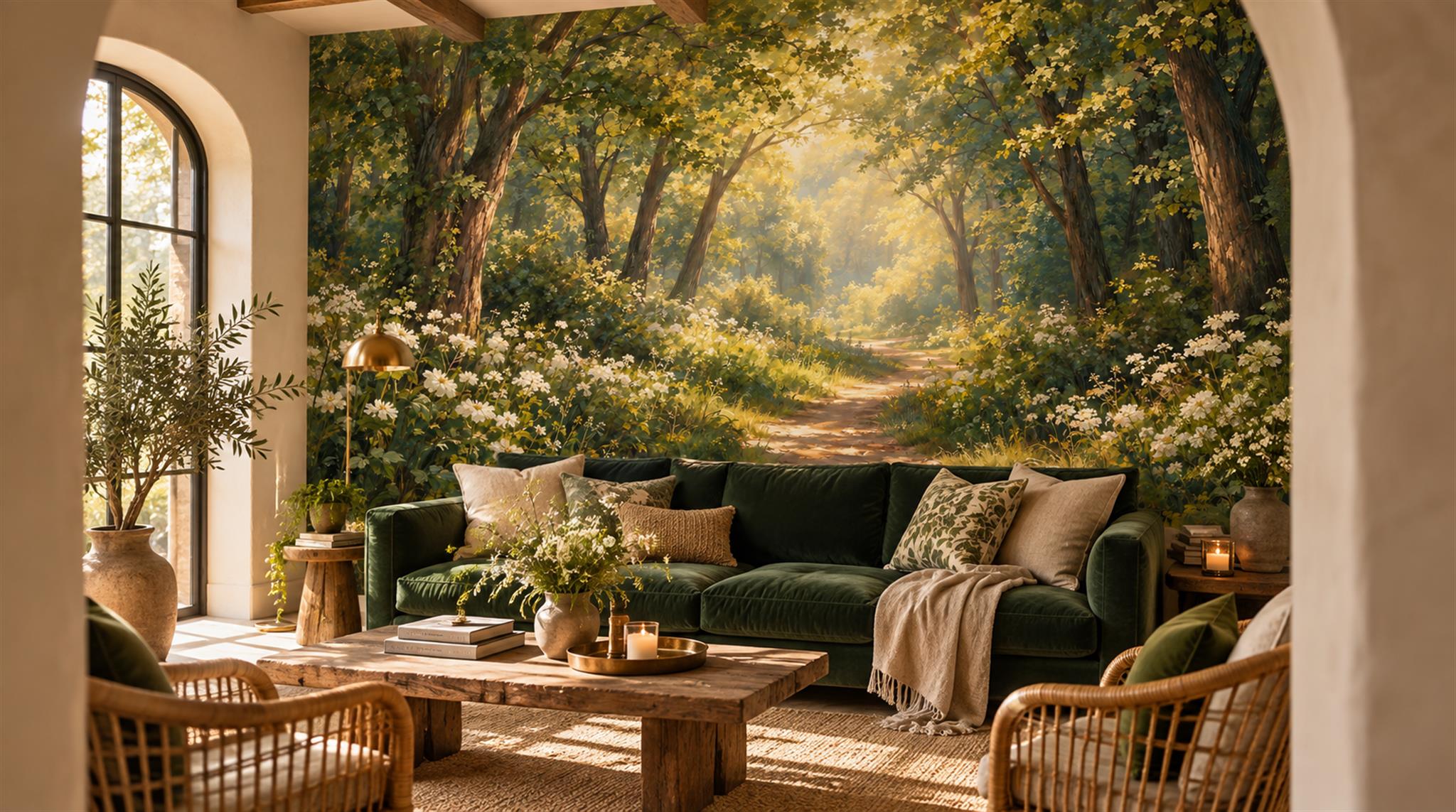 Gold And Neutral Woodland Trees Watercolour Wallpaper Mural Accent-wall-wallpaper-murals, Peel-and-stick Finish