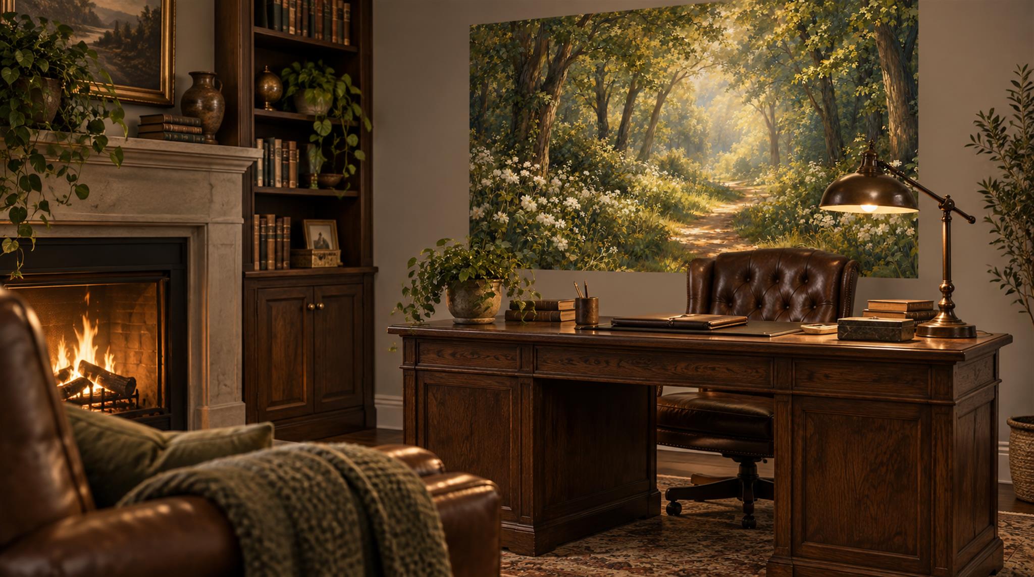 Gold And Neutral Woodland Trees Watercolour Wallpaper Mural Home-office-wallpaper-murals, Shown In A Home Office, Peel-and-stick Finish