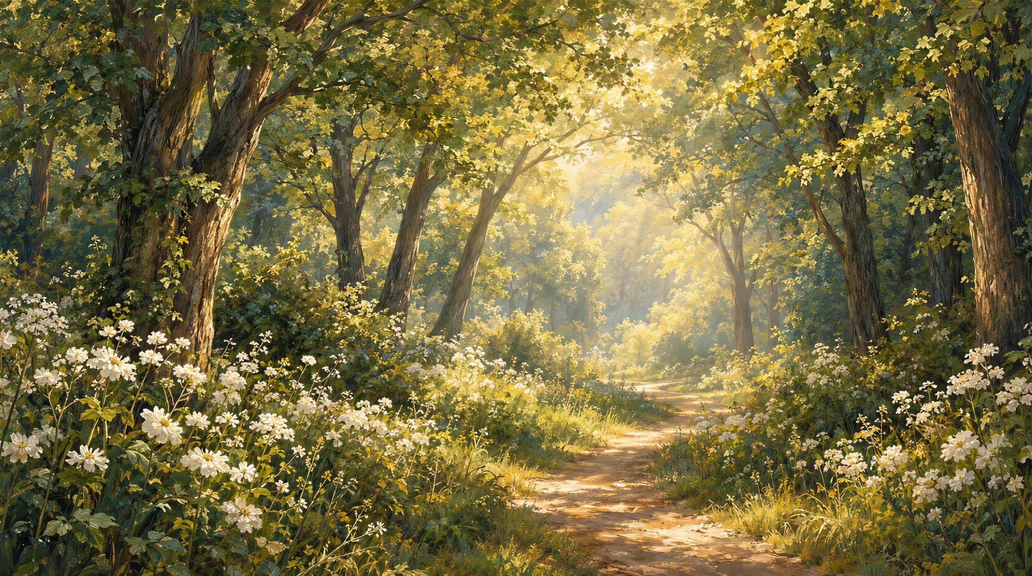 Golden Woodland Path And White Wildflowers Wallpaper Mural — Wallpaper Mural Design, Peel-and-stick Finish