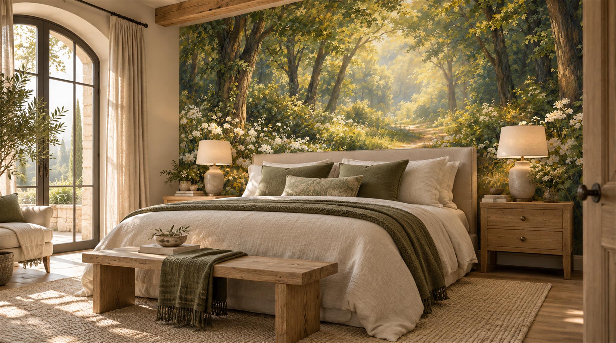Gold And Neutral Woodland Trees Watercolour Wallpaper Mural Bedroom-wallpaper-murals, Peel-and-stick Finish