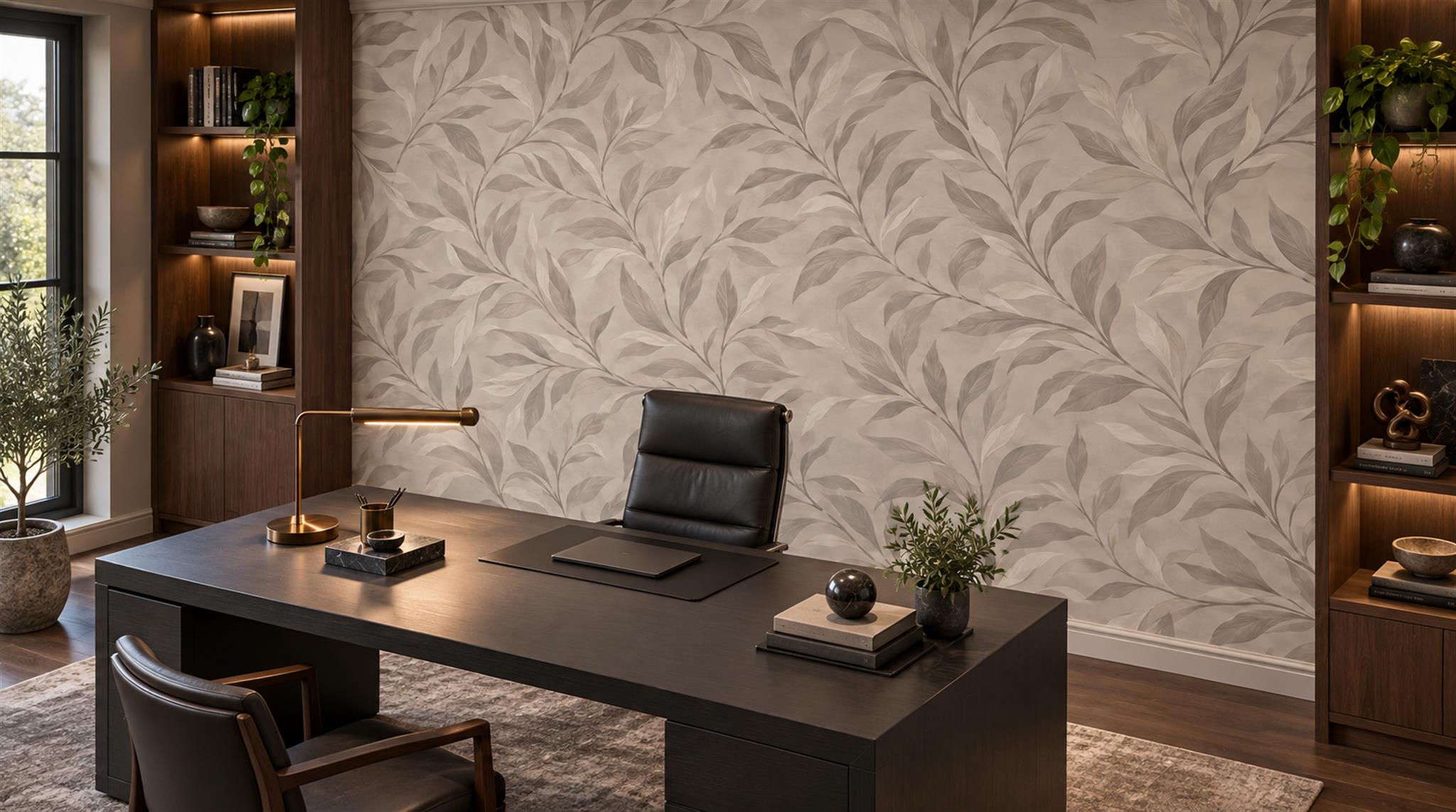 Grey And Red Leaf Patterning Decorative Wallpaper Mural Office-wallpaper-murals, Shown In A Home Office, Peel-and-stick Finish