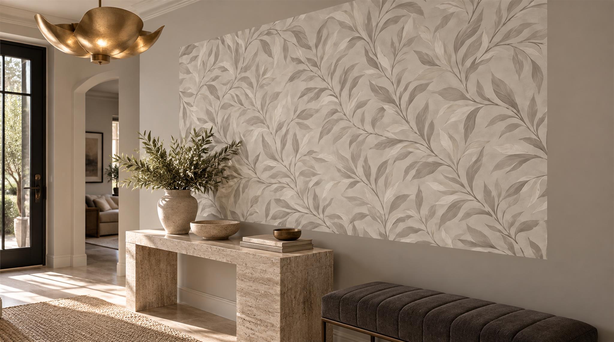 Grey And Red Leaf Patterning Decorative Wallpaper Mural Entryway-wallpaper-murals, Peel-and-stick Finish