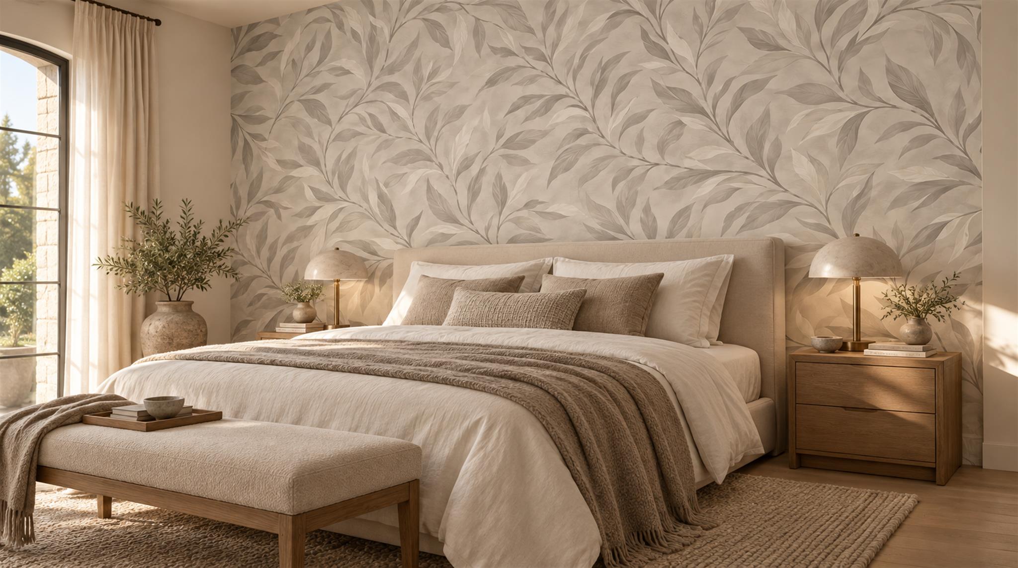 Grey And Red Leaf Patterning Decorative Wallpaper Mural Bedroom-wallpaper-murals, Peel-and-stick Finish