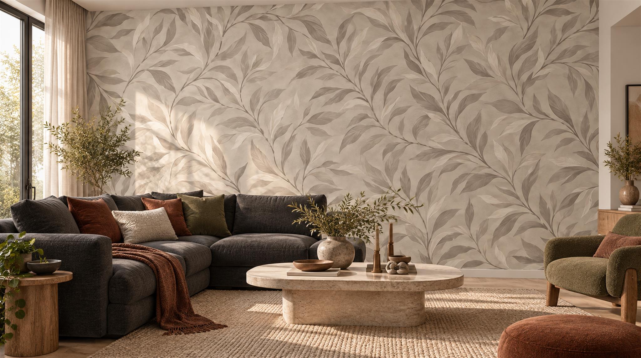 Soft Grey Leaf Canopy Wallpaper Mural — Wallpaper Mural Design, Peel-and-stick Finish