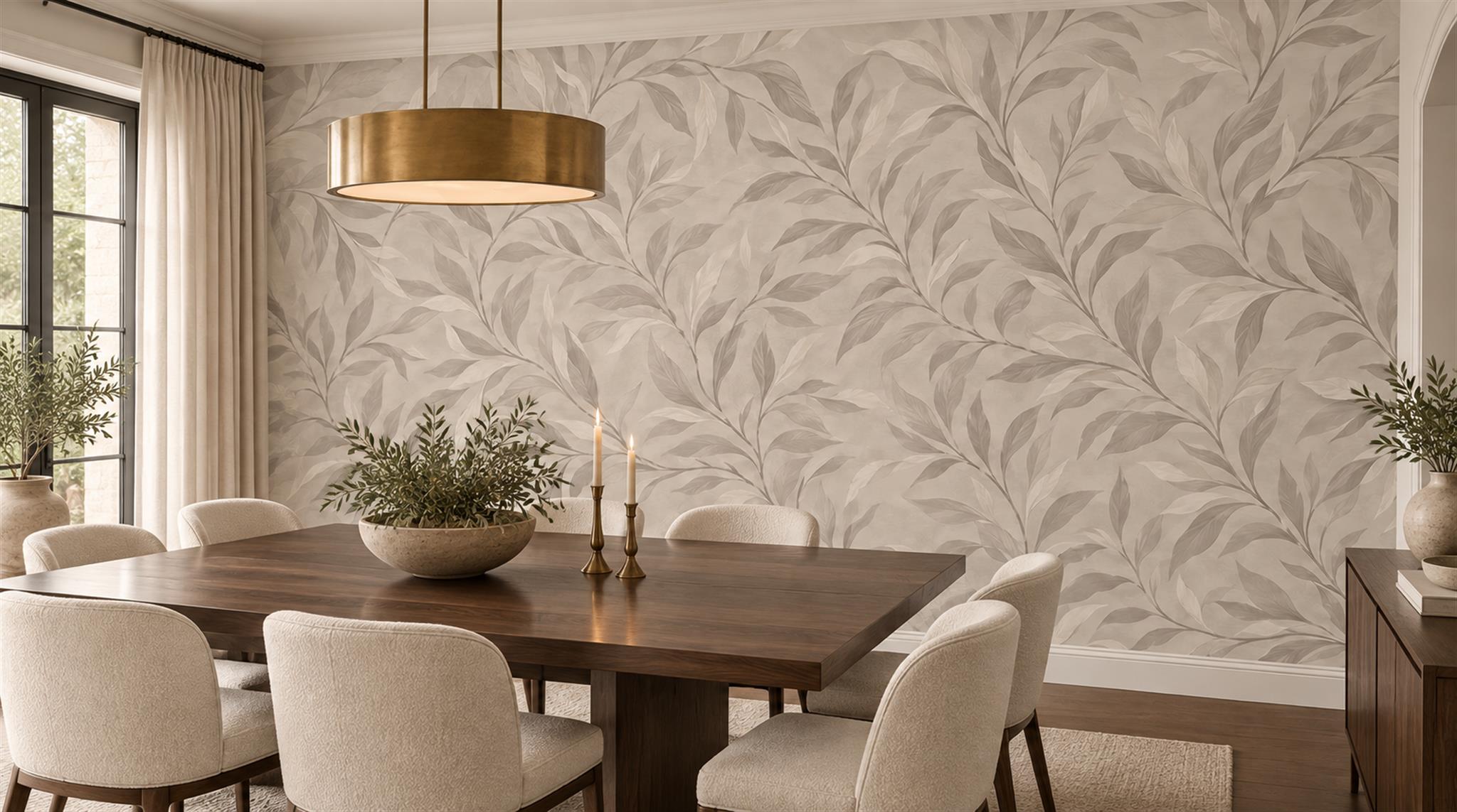 Grey And Red Leaf Patterning Decorative Wallpaper Mural Dining-room-wallpaper-murals, Shown In A Dining Room, Peel-and-stick Finish