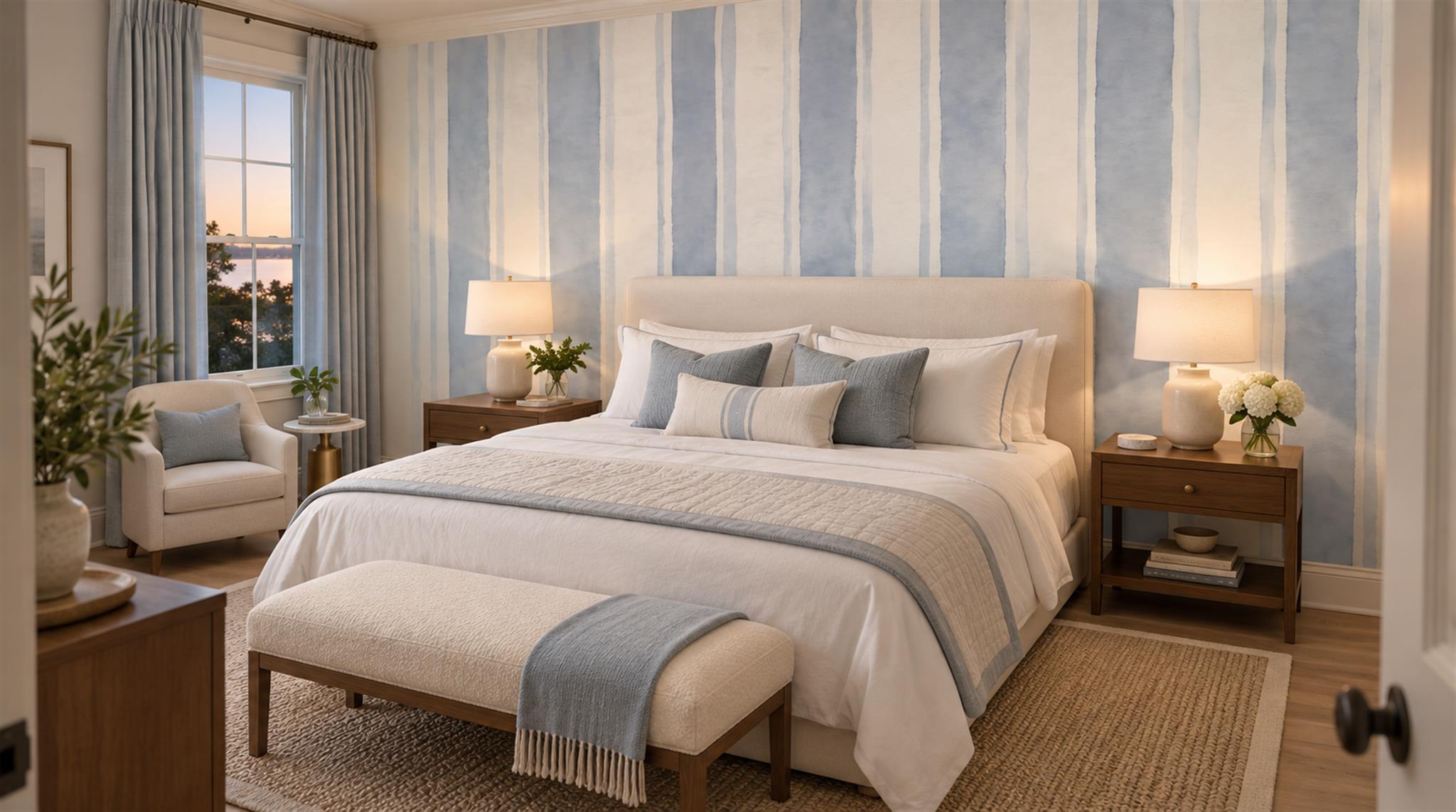Blue And Neutral Striped Geometry Wallpaper Mural Feature-wall-wallpaper-murals, Peel-and-stick Finish