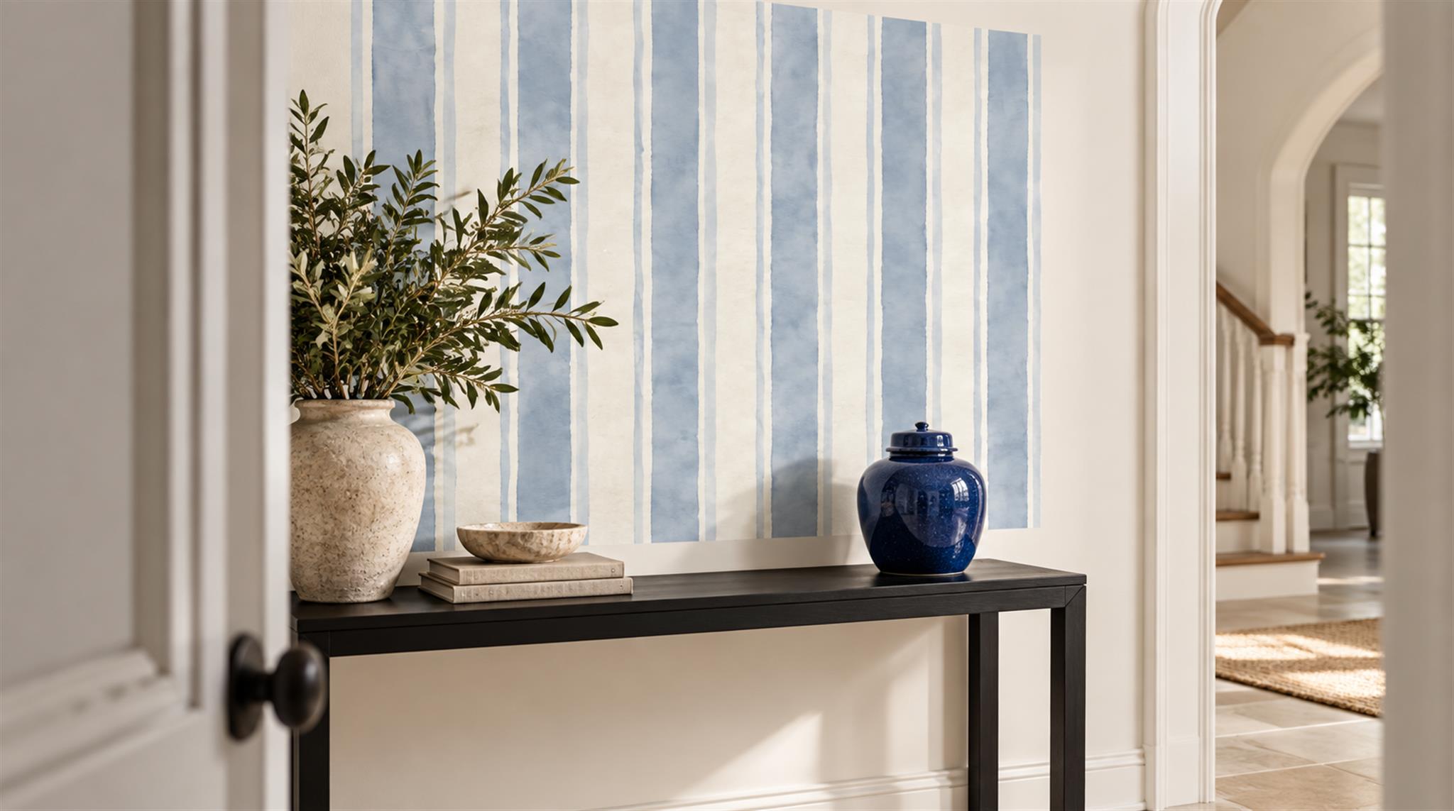 Blue And Neutral Striped Geometry Wallpaper Mural Entryway-wallpaper-murals, Peel-and-stick Finish