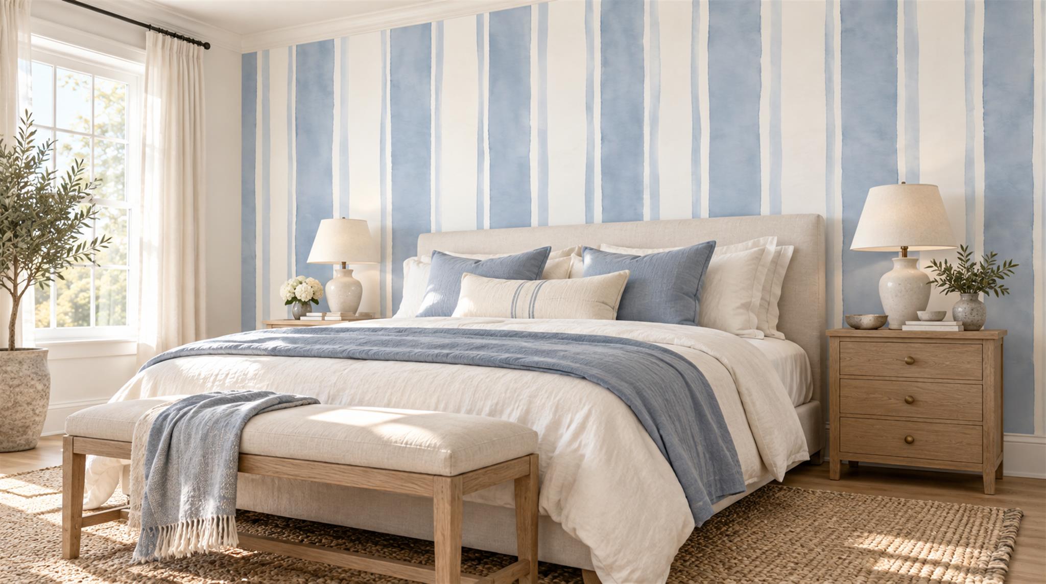 Blue And Neutral Striped Geometry Wallpaper Mural Bedroom-wallpaper-murals, Peel-and-stick Finish