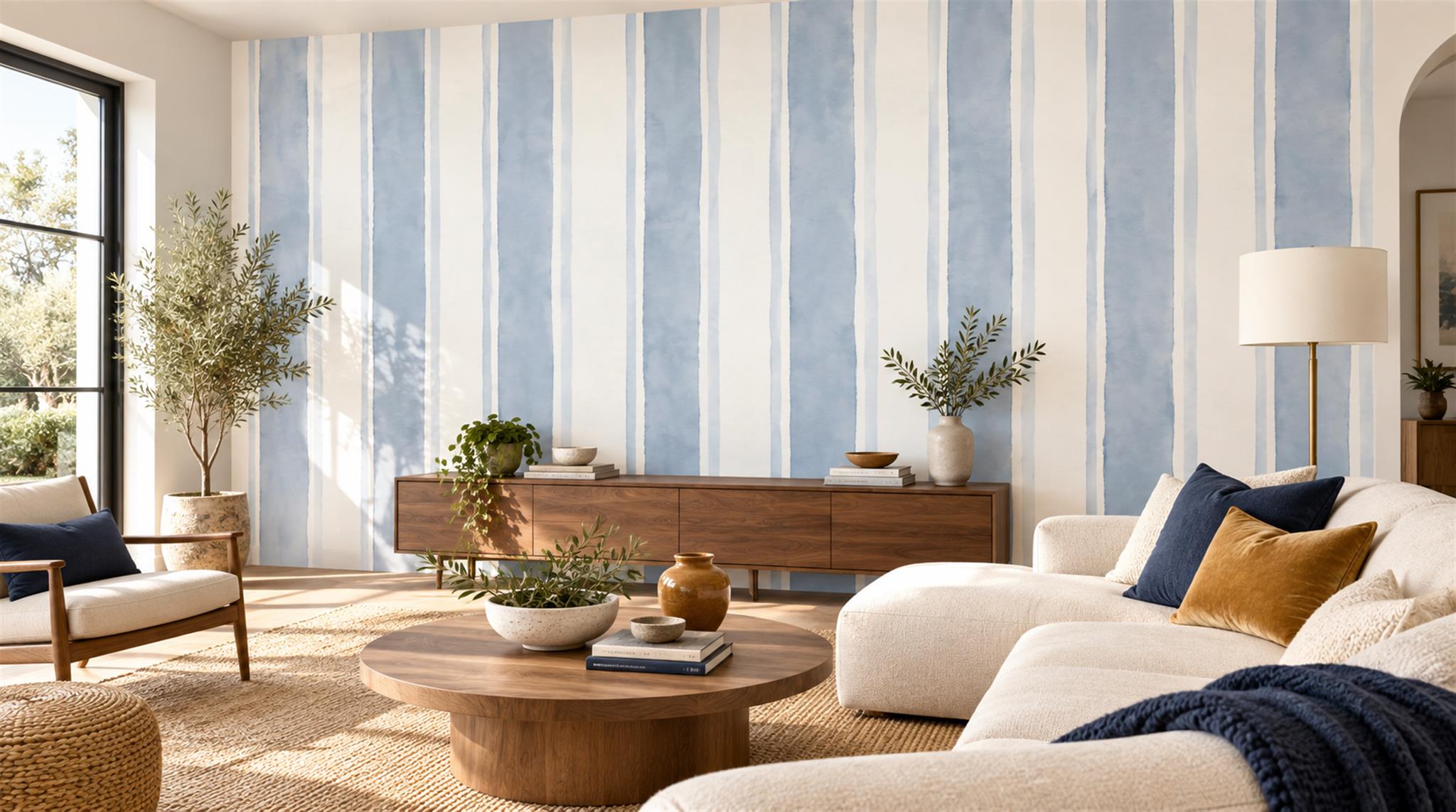 Pale Blue And White Vertical Stripe Wallpaper Mural — Wallpaper Mural Design, Peel-and-stick Finish