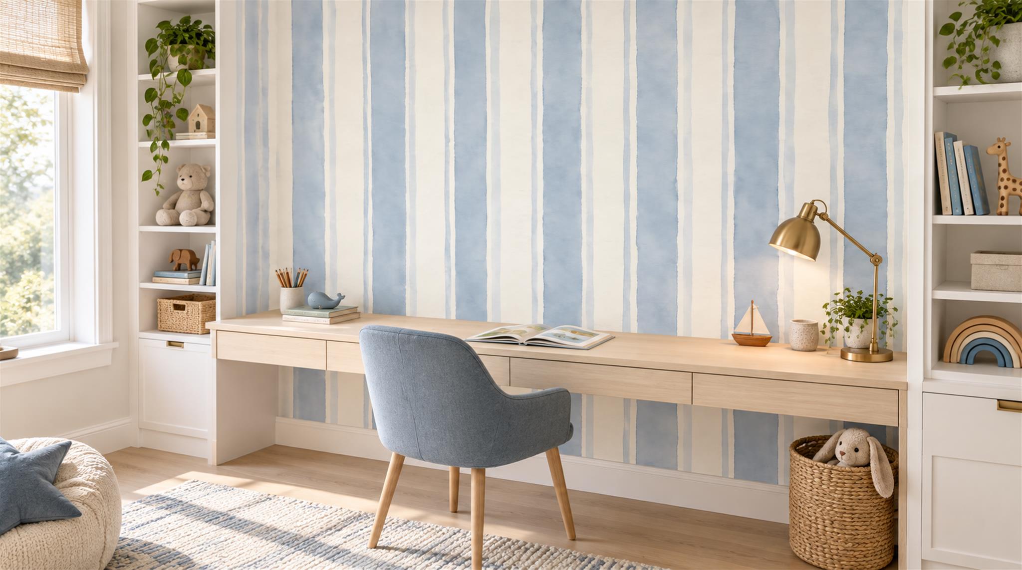 Blue And Neutral Striped Geometry Wallpaper Mural Living-room-wallpaper-murals, Peel-and-stick Finish