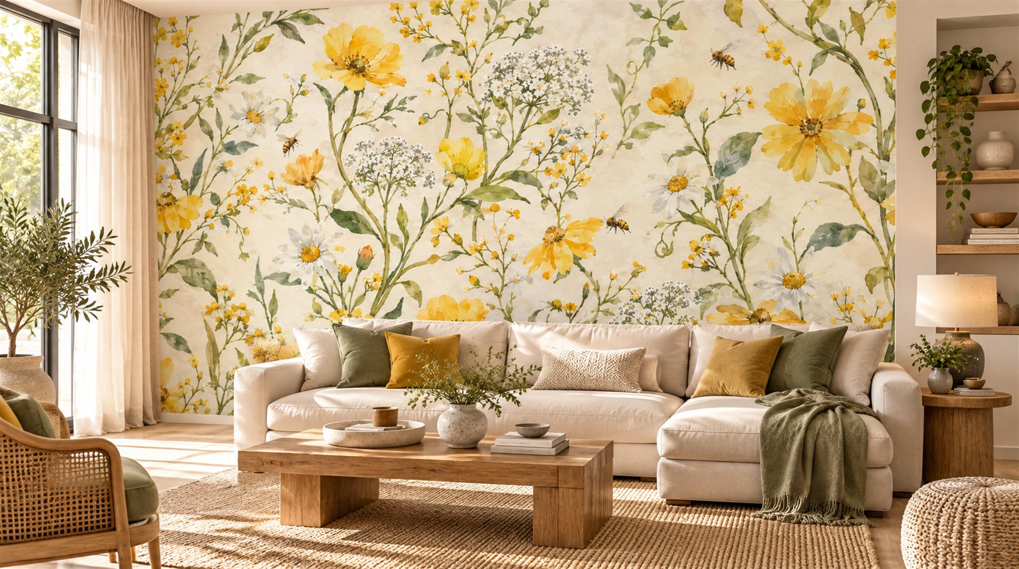 Gold And Yellow Floral Forms Wallpaper Mural Living-room-wallpaper-murals, Peel-and-stick Finish