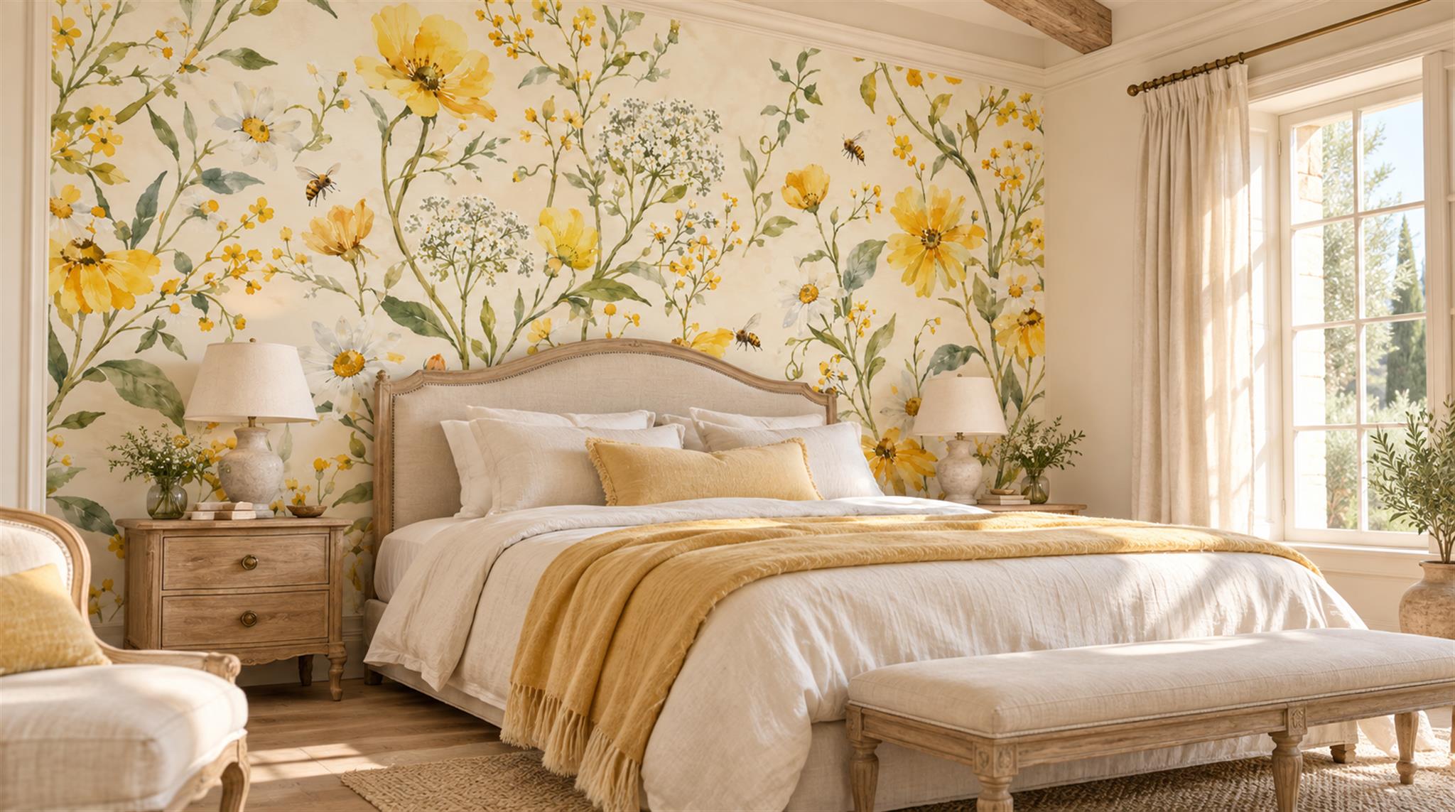 Gold And Yellow Floral Forms Wallpaper Mural Bedroom-wallpaper-murals, Peel-and-stick Finish