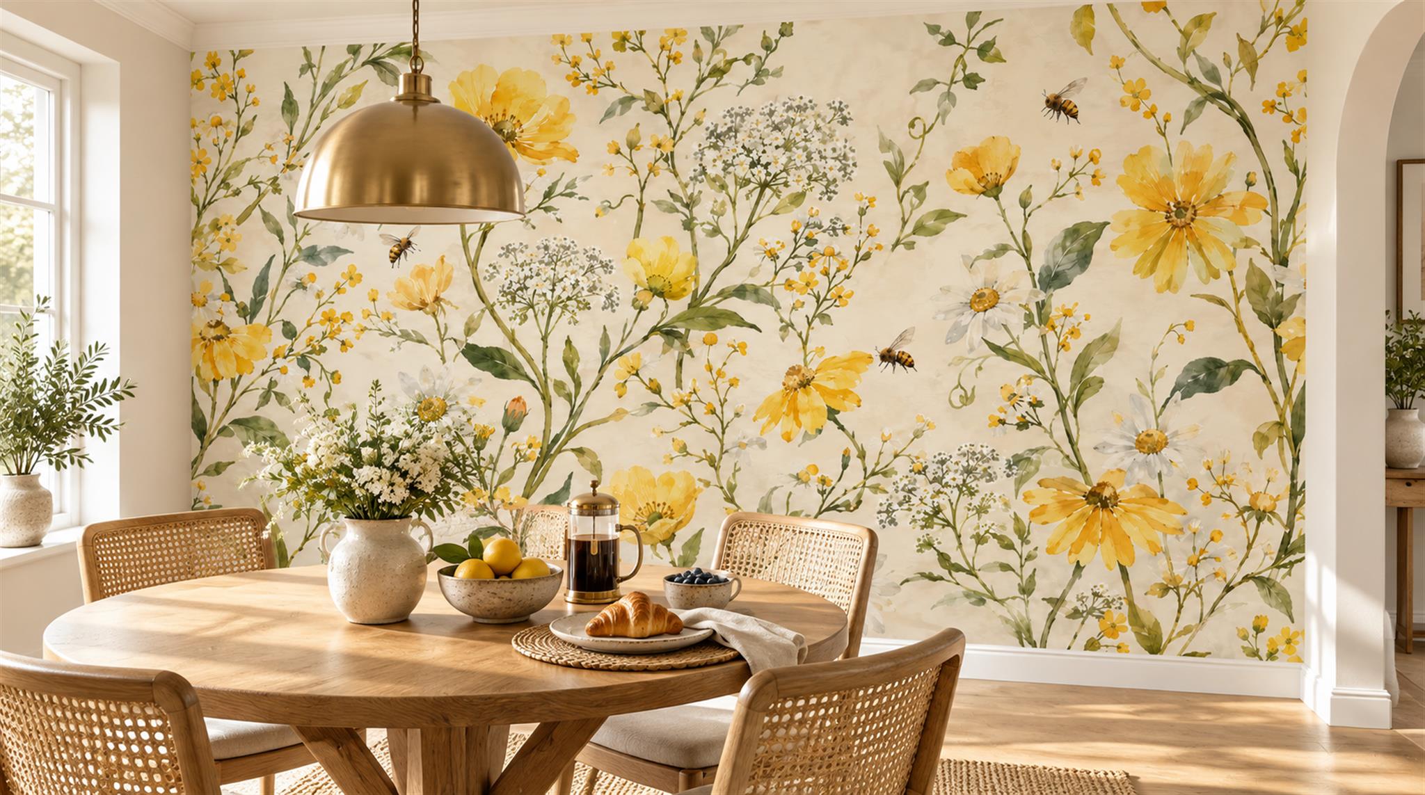 Gold And Yellow Floral Forms Wallpaper Mural Dining-room-wallpaper-murals, Shown In A Dining Room, Peel-and-stick Finish
