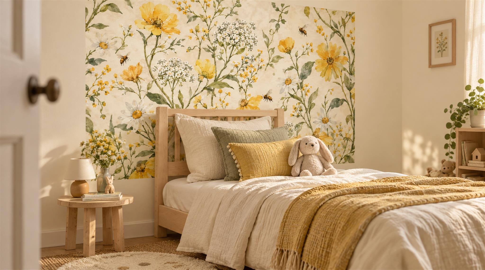 Gold And Yellow Floral Forms Wallpaper Mural Nursery-wallpaper-murals, Peel-and-stick Finish