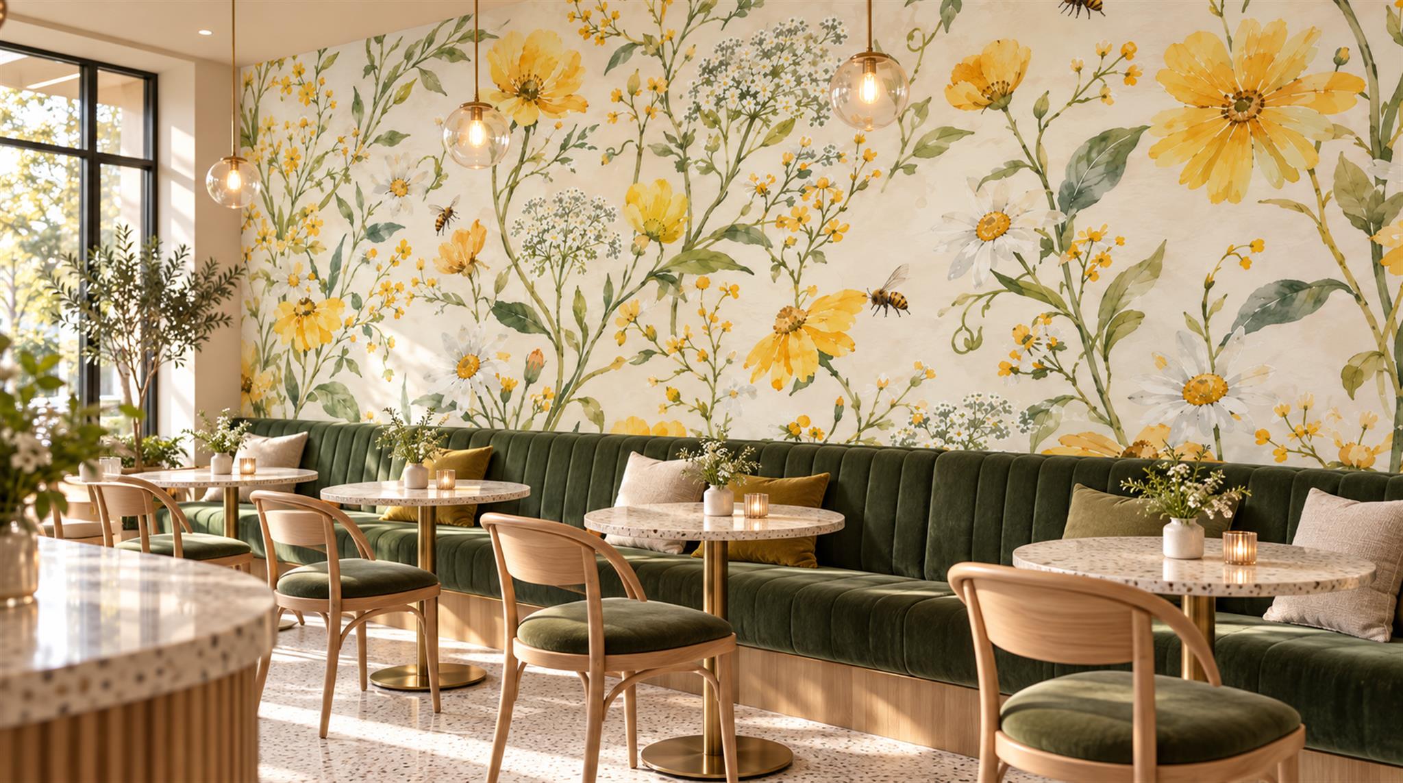 Gold And Yellow Floral Forms Wallpaper Mural Cafe-wallpaper-murals, Peel-and-stick Finish