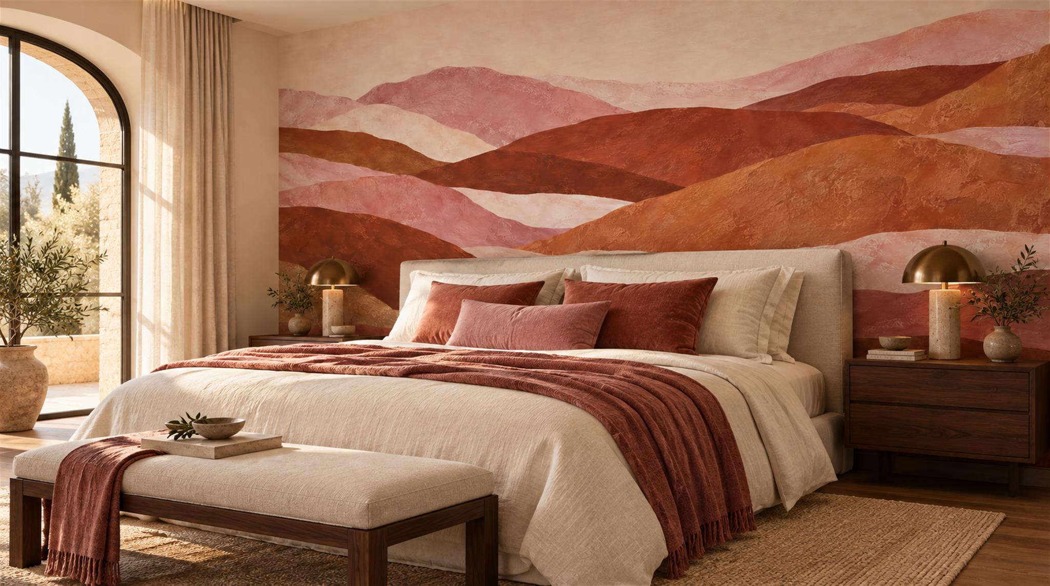 Green And Neutral A Painterly Scenic View Layered Wallpaper Bedroom-wallpaper-murals, Peel-and-stick Finish