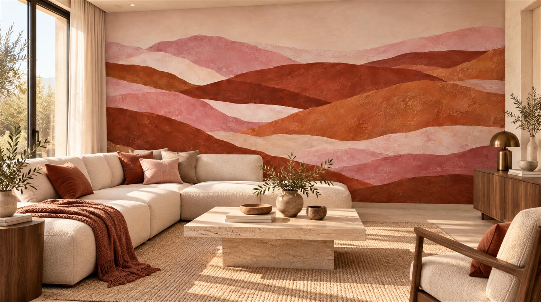 Green And Neutral A Painterly Scenic View Layered Wallpaper Living-room-wallpaper-murals, Shown In A Living Room, Peel-and-stick Finish