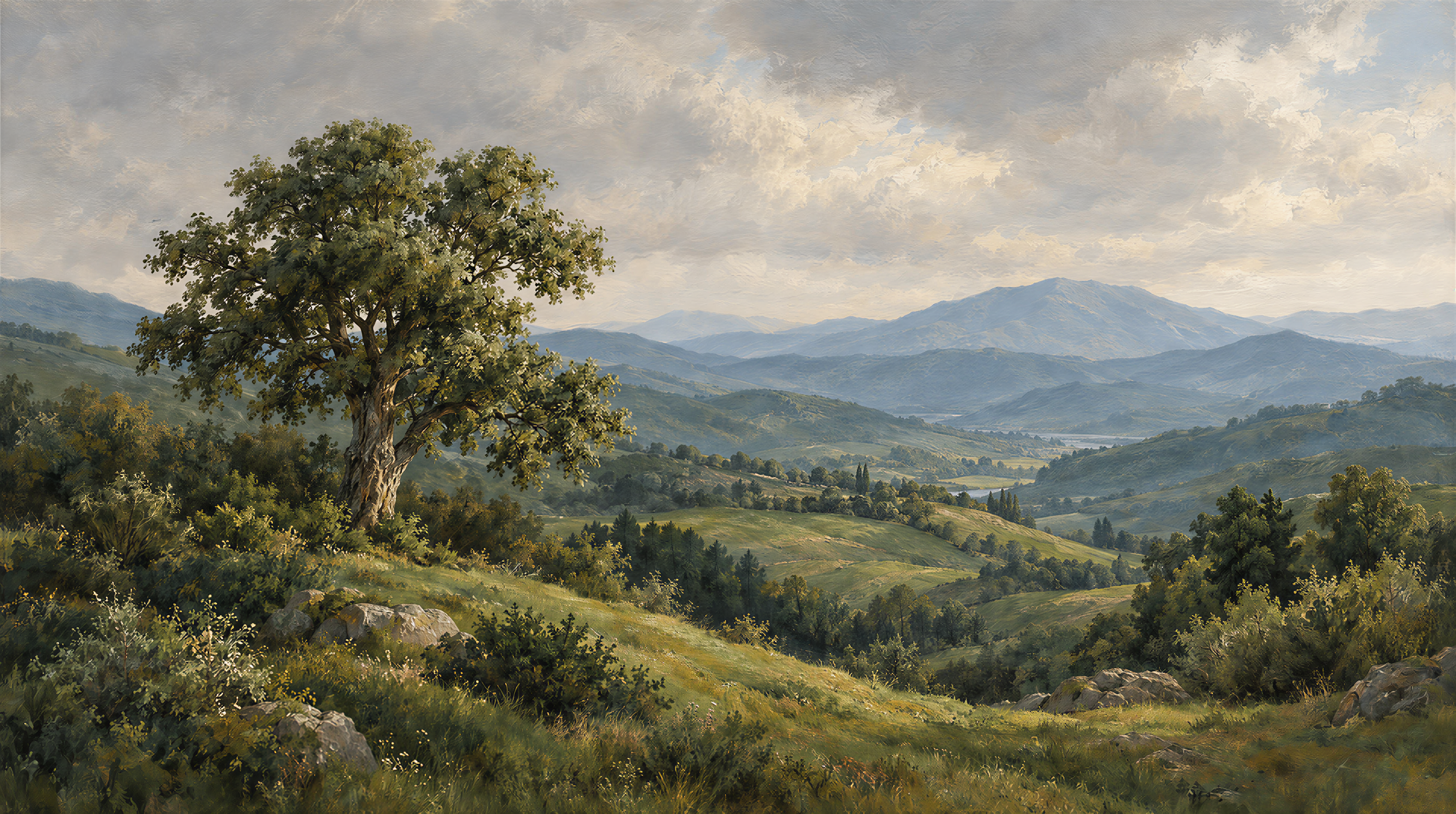 Green And Neutral A Painterly Scenic View Layered Wallpaper, Peel-and-stick Finish