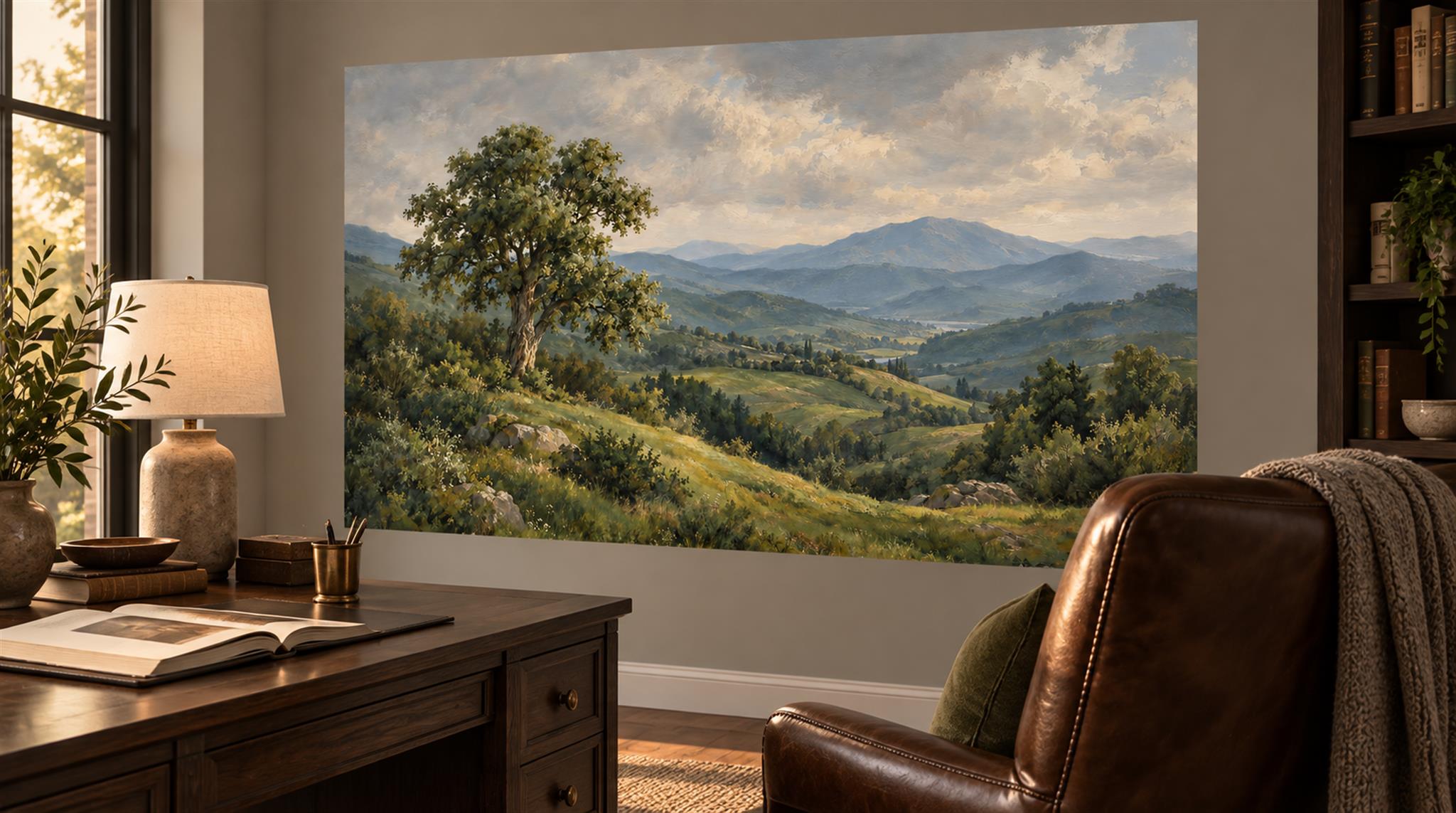 Green And Neutral A Painterly Scenic View Layered Wallpaper Home-office-wallpaper-murals, Shown In A Home Office, Peel-and-stick Finish