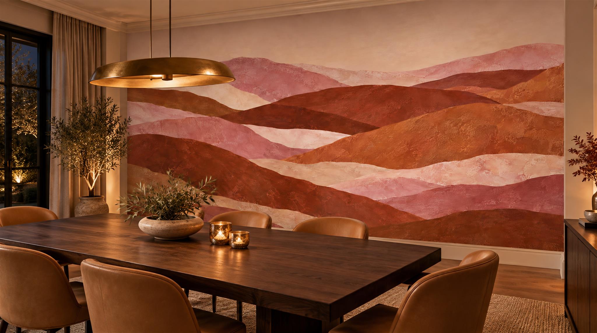 Green And Neutral A Painterly Scenic View Layered Wallpaper Dining-room-wallpaper-murals, Shown In A Dining Room, Peel-and-stick Finish