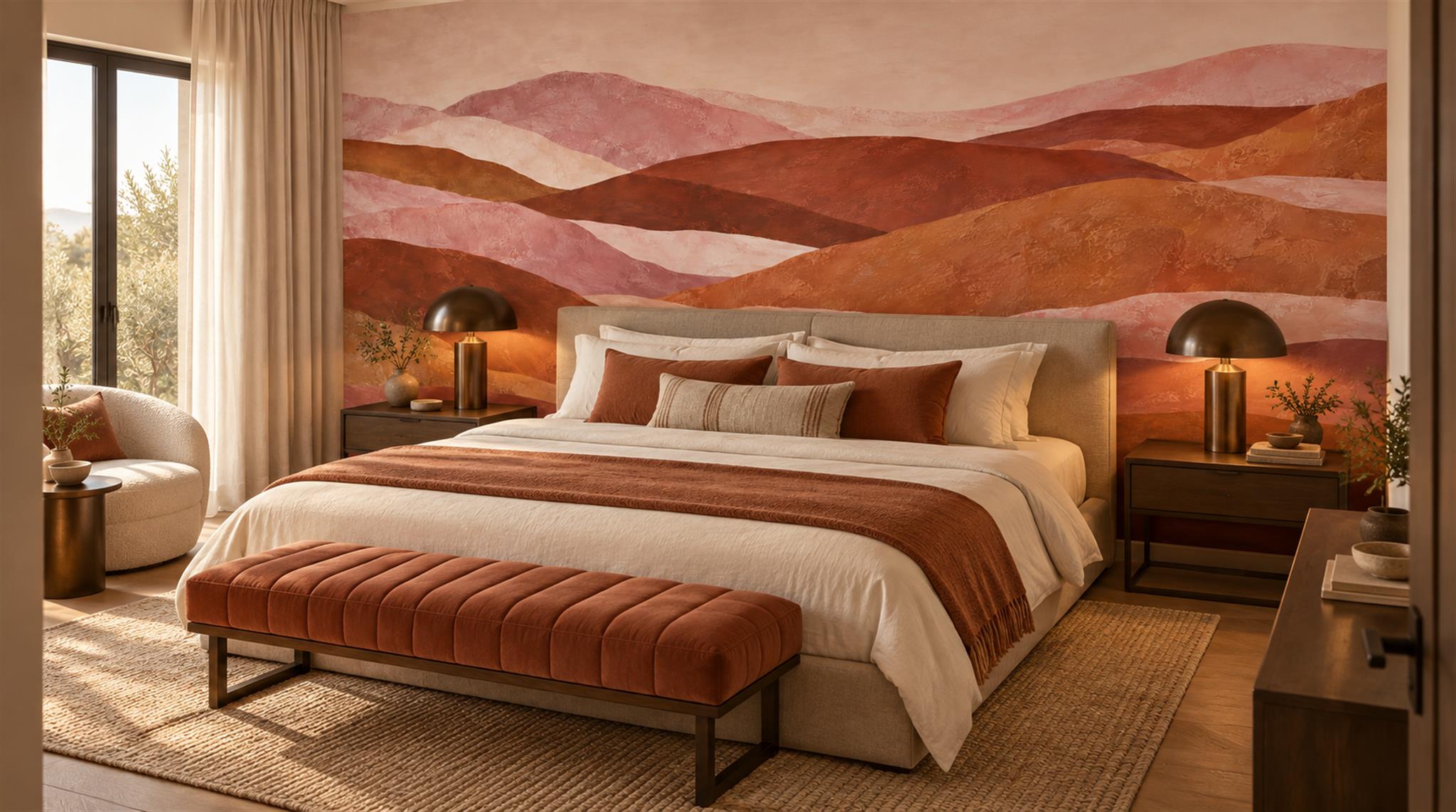 Green And Neutral A Painterly Scenic View Layered Wallpaper Accent-wall-wallpaper-murals, Peel-and-stick Finish