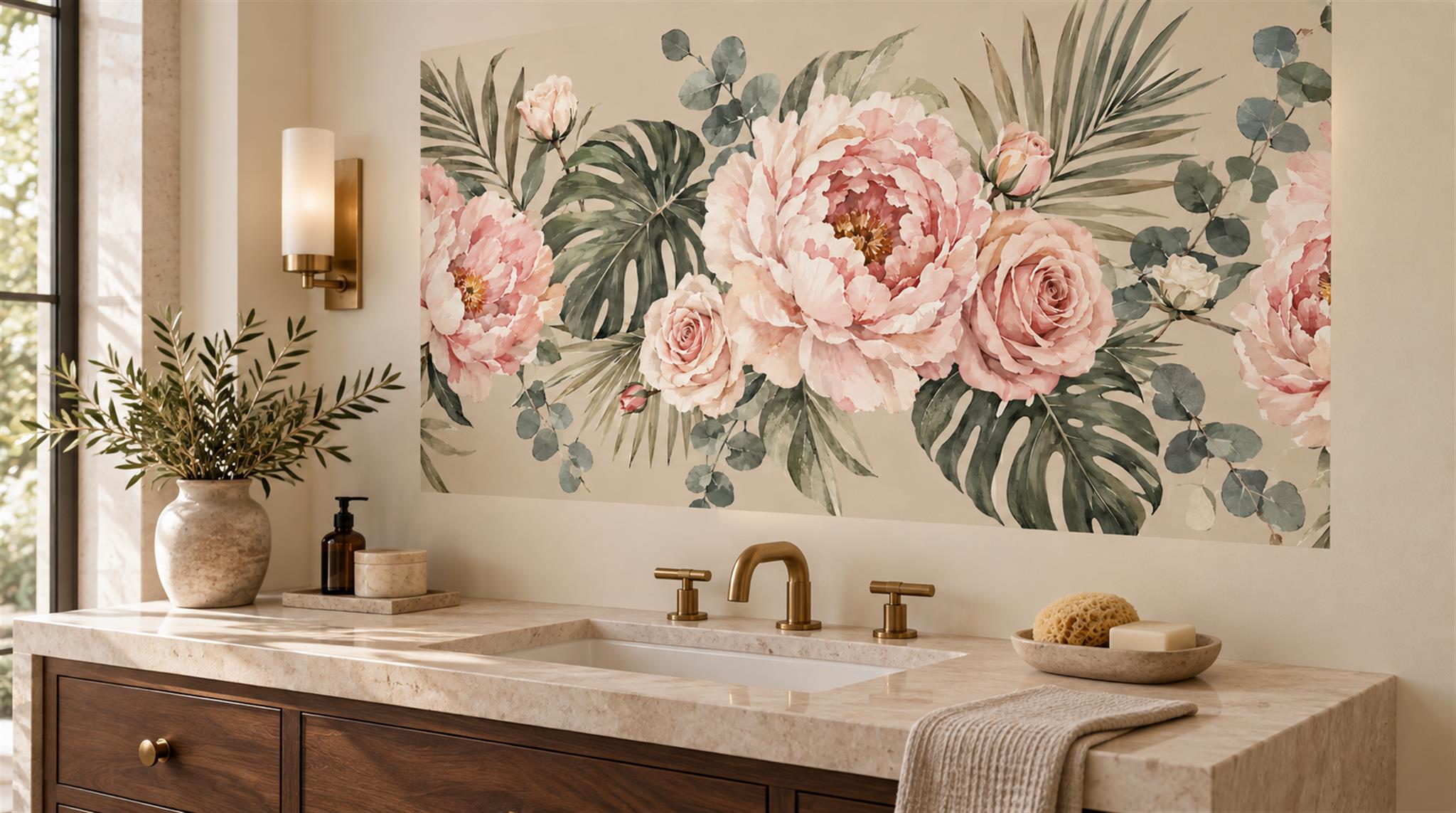 Red And Sage Green Abstract Forms Wallpaper Decorative Wallpaper Bathroom-wallpaper-murals, Peel-and-stick Finish