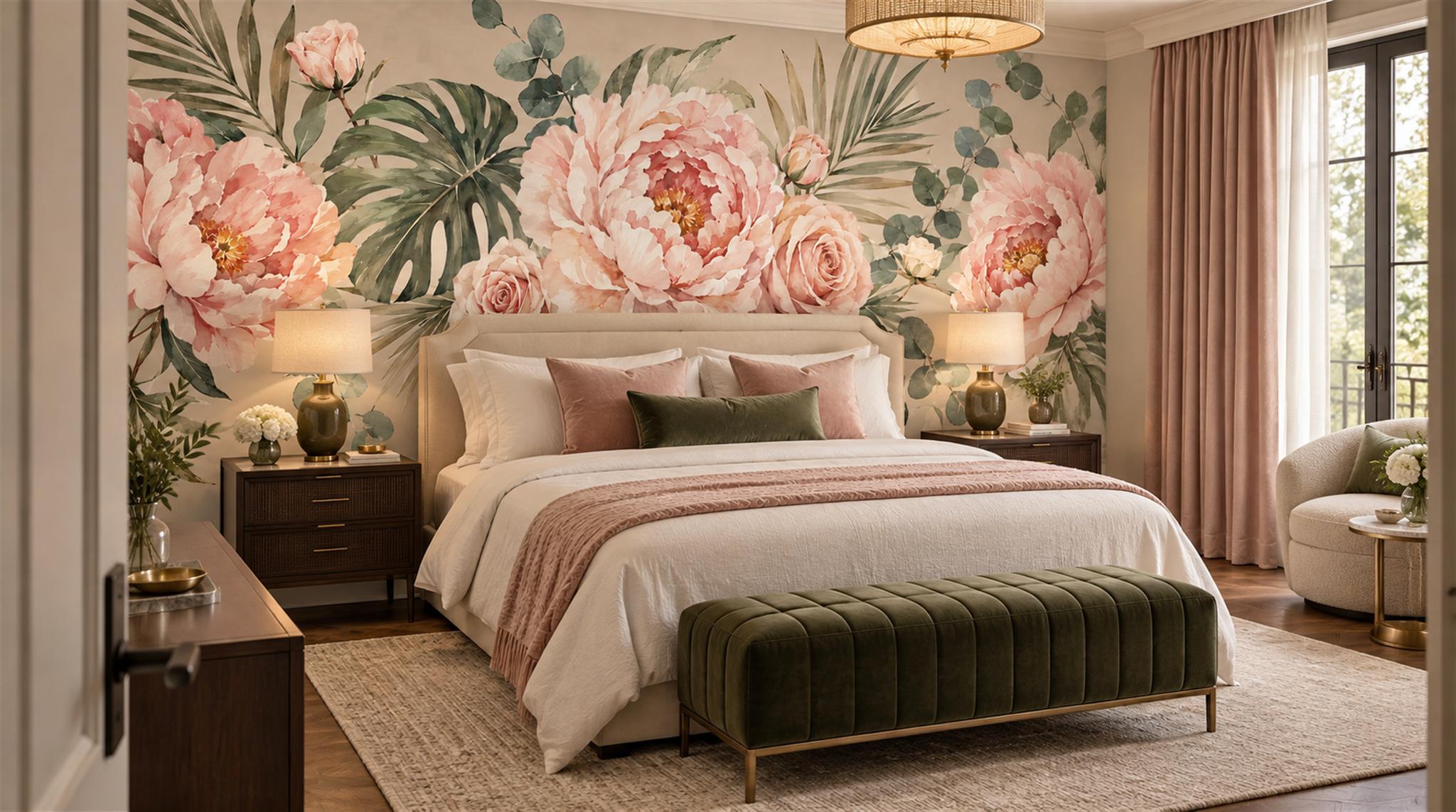 Red And Sage Green Abstract Forms Wallpaper Decorative Wallpaper Accent-wall-wallpaper-murals, Peel-and-stick Finish