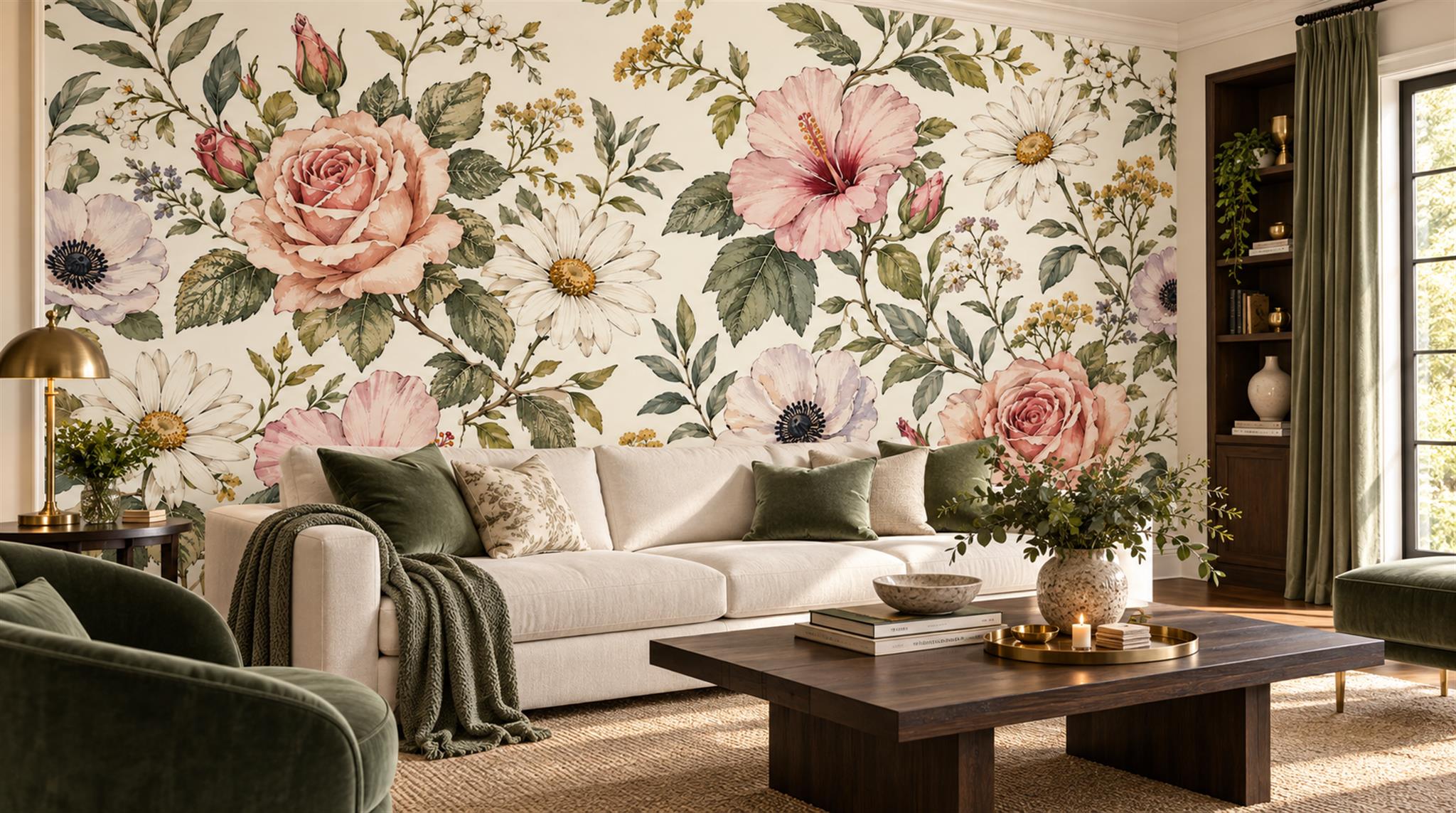 Watercolour Roses, Hibiscus And Daisies Wallpaper Mural — Wallpaper Mural Design, Peel-and-stick Finish